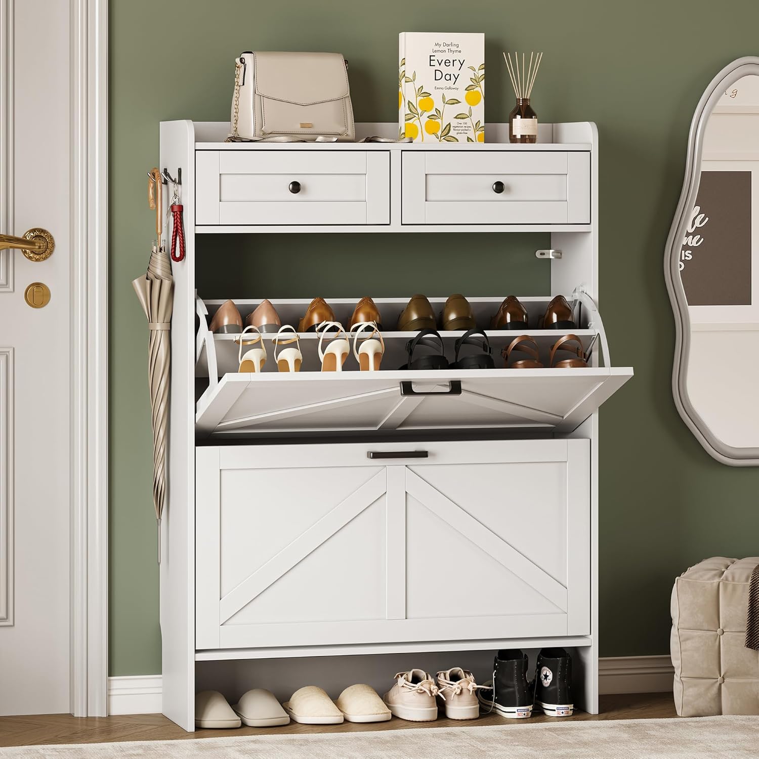 Shoe Storage Cabinet for Entryway, Farmhouse Narrow Shoe Cabinet with 2 Flip Drawers & Top Drawers, Adjustable Shelves & Hooks, Freestanding Hidden Rack Organizer for Hallway, Foyer