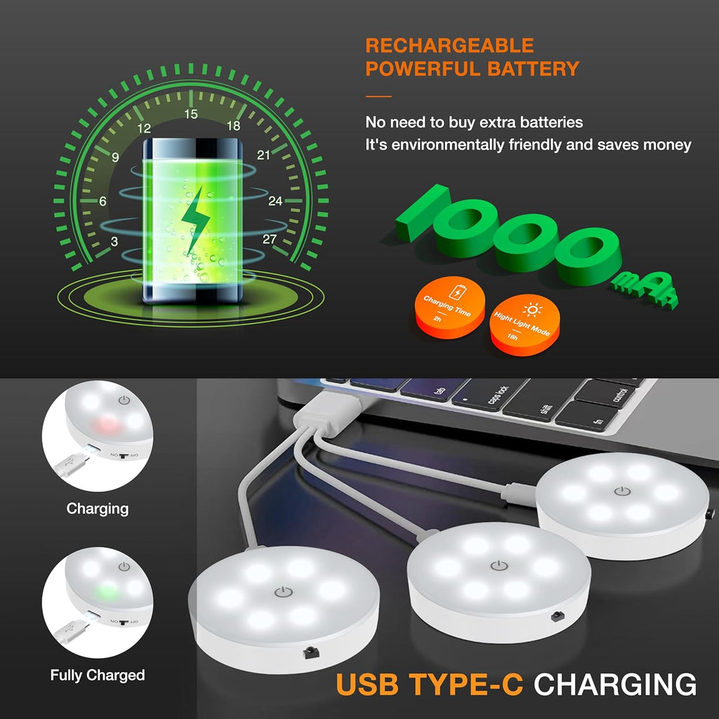 Puck Lights with Remote Control,1000mAh Rechargeable Under Cabinet Lighting,LED Closet Lights,3Pack Night Light,Cordless Stick On Lights for Under Cabinet,Hallway, Stairway,Closet (Cool White)