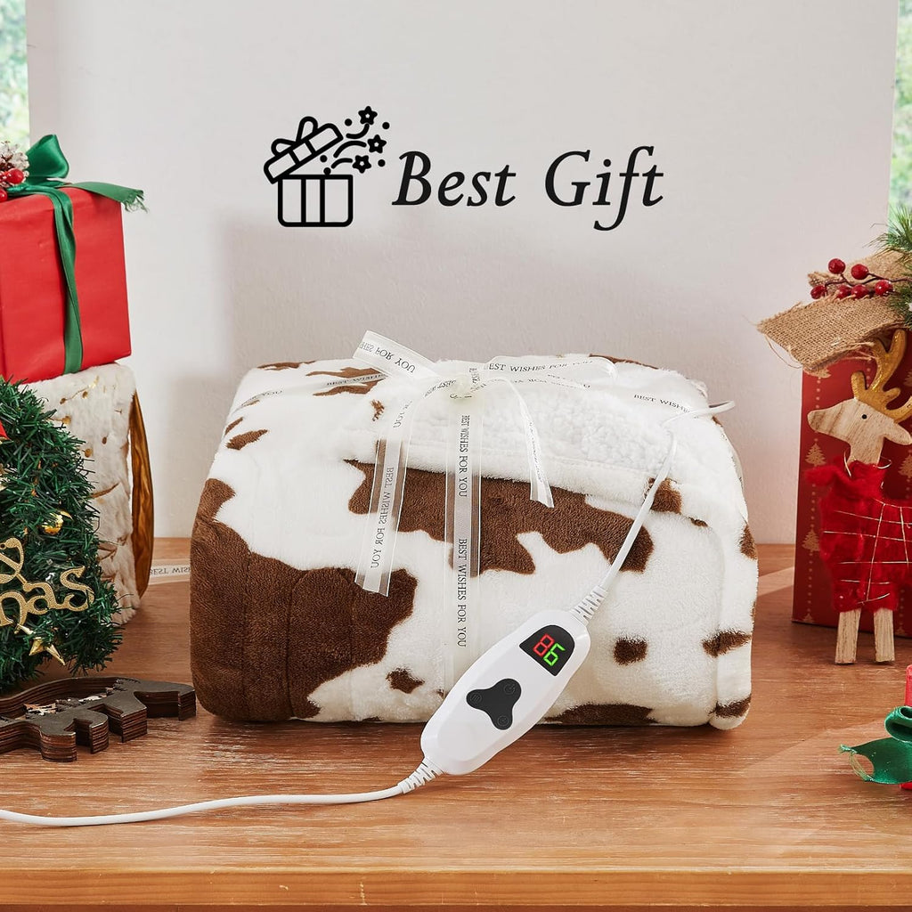 Cow Print Electric Heated Blanket Queen Size,84X90 Brown Heating Blanket Queen With Dual Control&Timer&10 Heat Levels,Highland Cow Decor Fleece Sherpa Blankets Warmer Gifts for Bed Women Adults