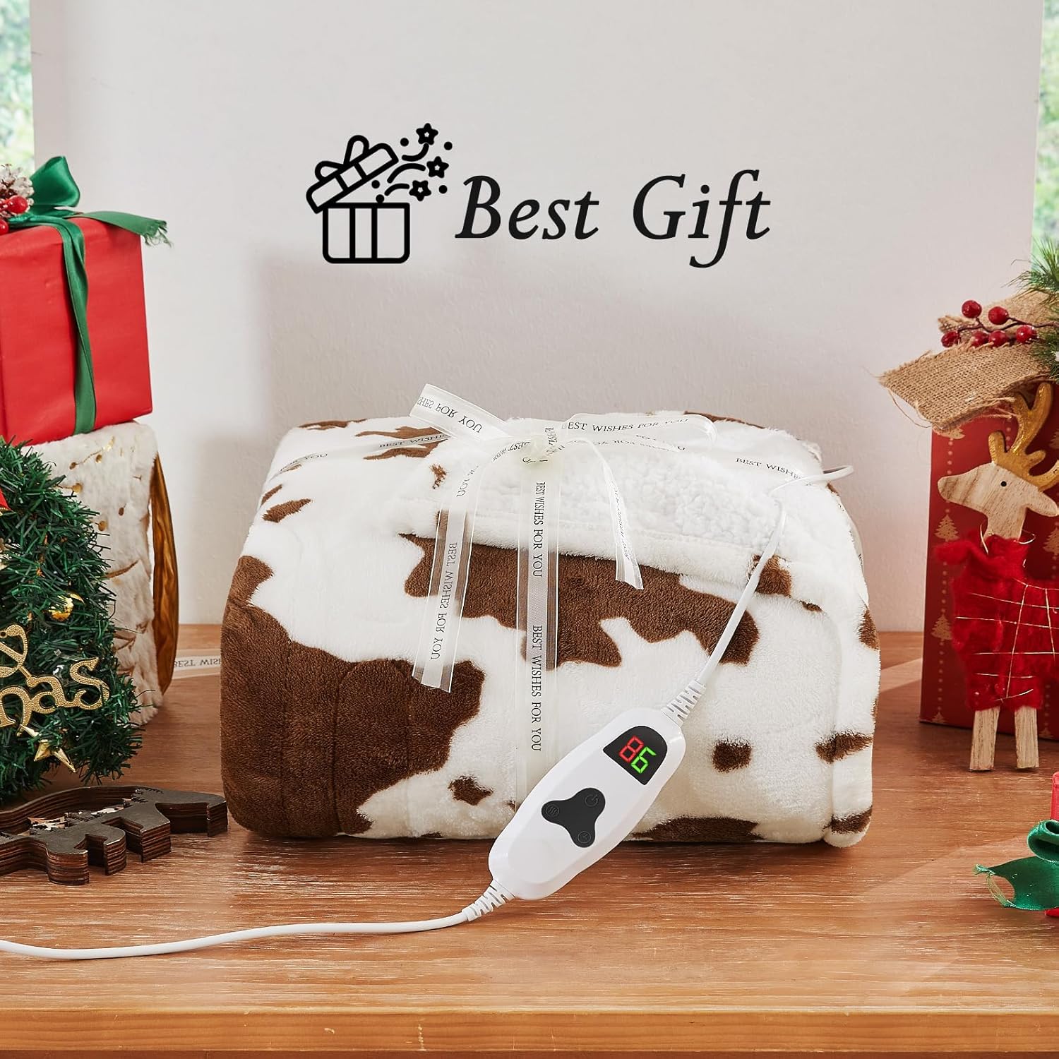 Cow Print Electric Heated Blanket Queen Size,84X90 Brown Heating Blanket Queen With Dual Control&Timer&10 Heat Levels,Highland Cow Decor Fleece Sherpa Blankets Warmer Gifts for Bed Women Adults