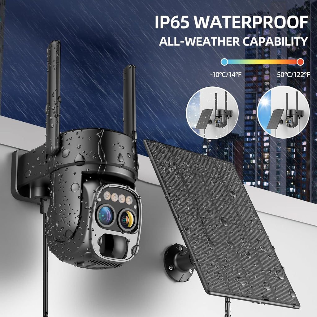 Hawkray Pannel Solar Wireless Outdoor Security Camera， Dual-Lens, 10xZoom, 2K Resolution 3MP 360°Pan/Tilt，2.4&5G WiFi Battery Powered Camera with Spotlight Alarm PIR Motion Detection