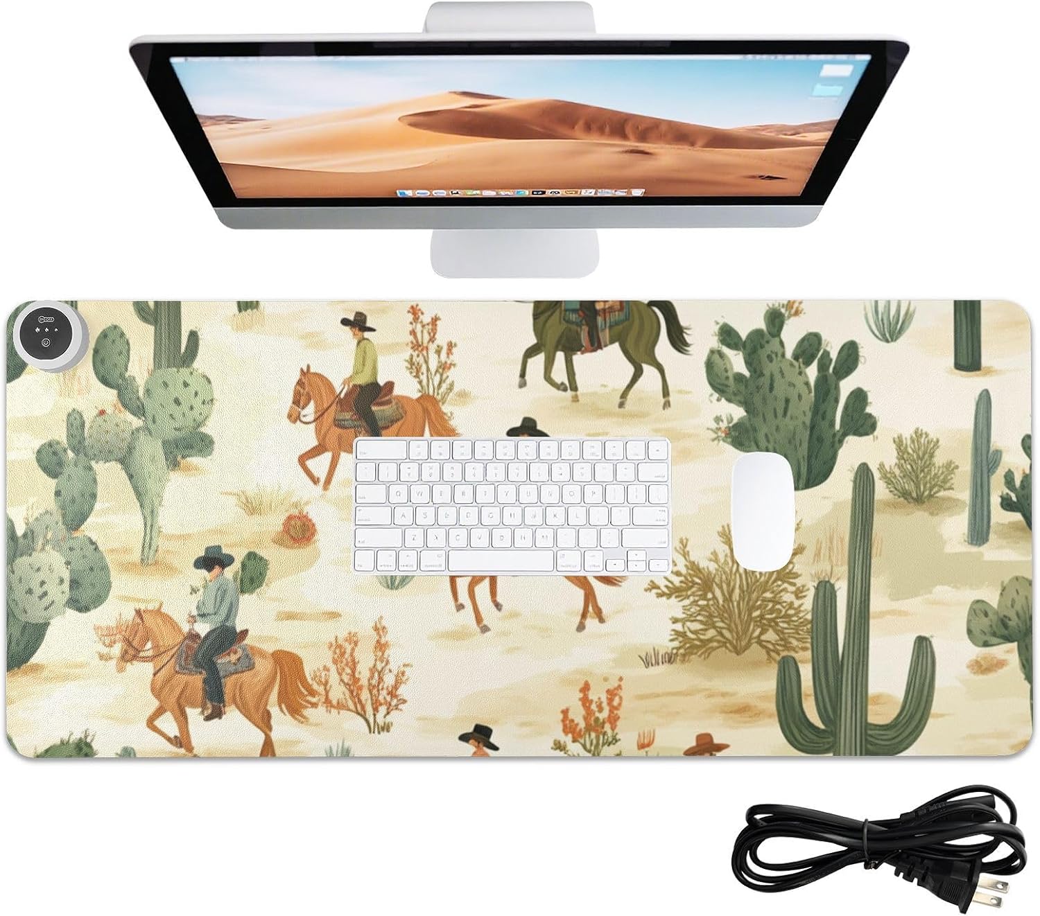 Heated Desk Pad Mouse Pad 31.5x13 Inch PU Leather Desk Mat with 3 Heat Levels Large Mouse Gaming Computer Laptop Mat Cute Cacti Desert Cowboys Horses