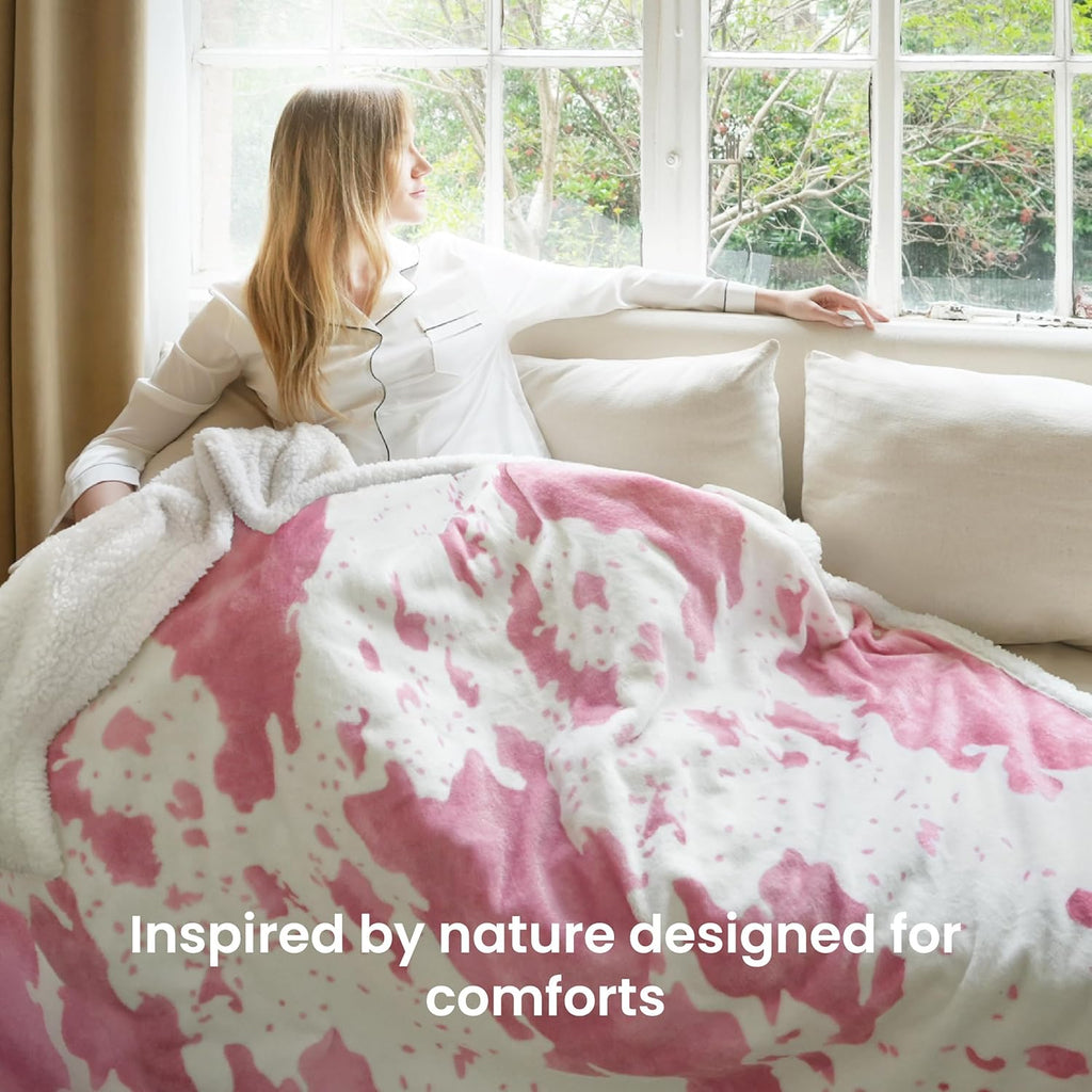 Cow Print Heated Blanket Twin-Heating Electric Blanket Twin with 10 Heat Levels & 10 Hours Auto-Off, Cozy Soft Fleece Sherpa, Washable, 62 x 84 Inches Cow Print Pink