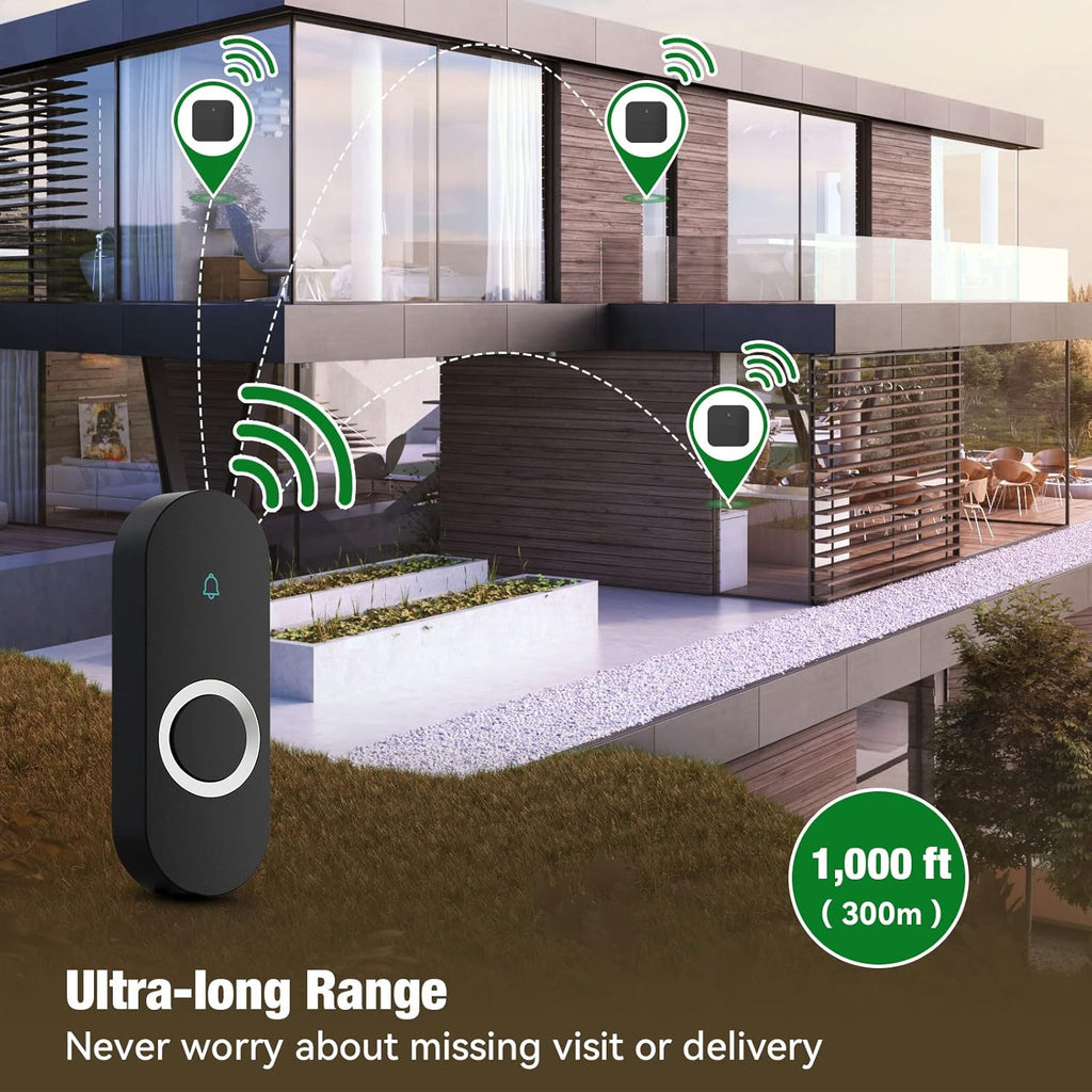 AIDA Lighted Wireless Doorbell for Home, Waterproof Battery Doorbell Wireless 1,000ft Range, 5 Volume Levels with 58 Doorbell Chimes & LED Flash (Black, Doorbell with 1 transmitter & 2 Receiver)