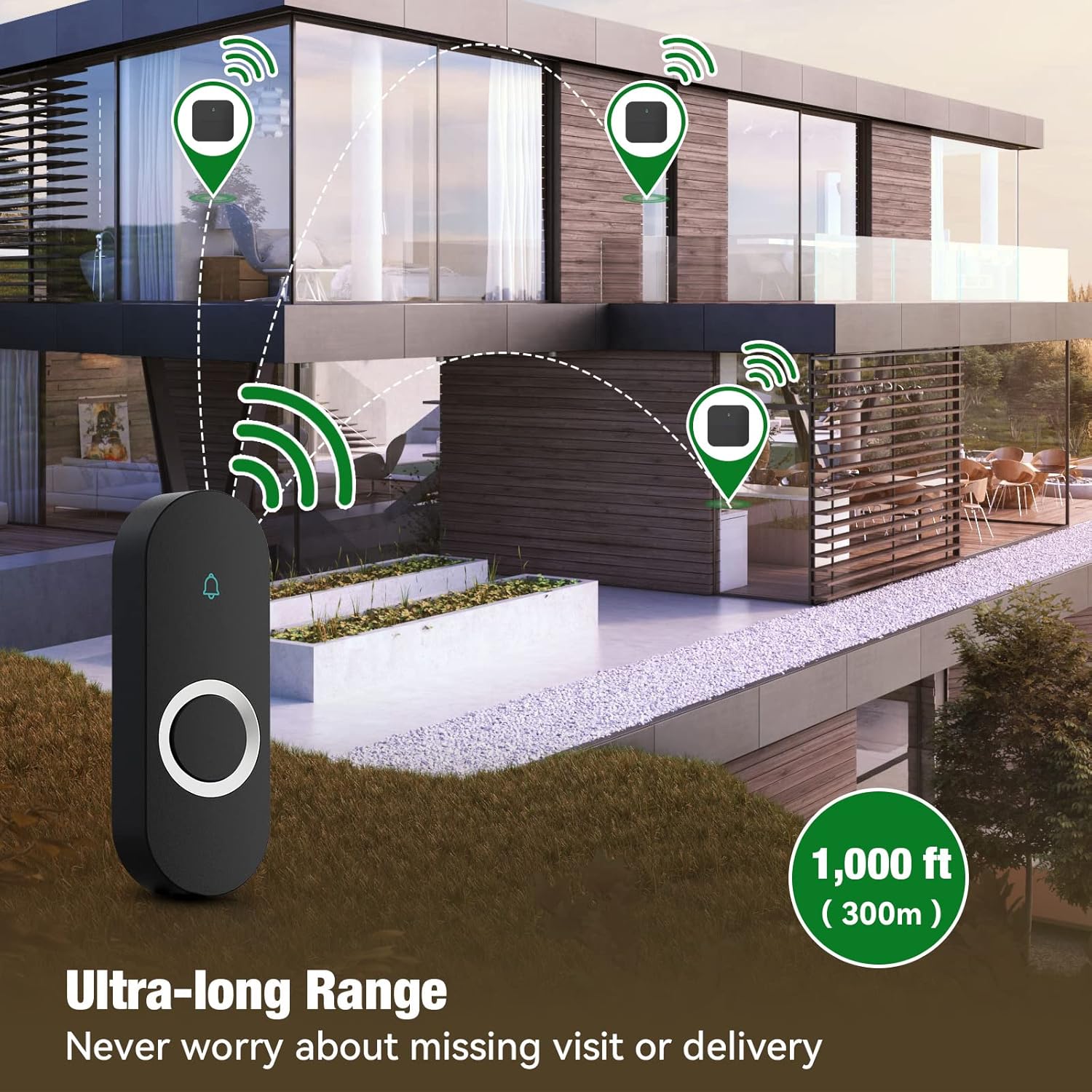 AIDA Lighted Wireless Doorbell for Home, Waterproof Battery Doorbell Wireless 1,000ft Range, 5 Volume Levels with 58 Doorbell Chimes & LED Flash (Black, Doorbell with 1 transmitter & 2 Receiver)
