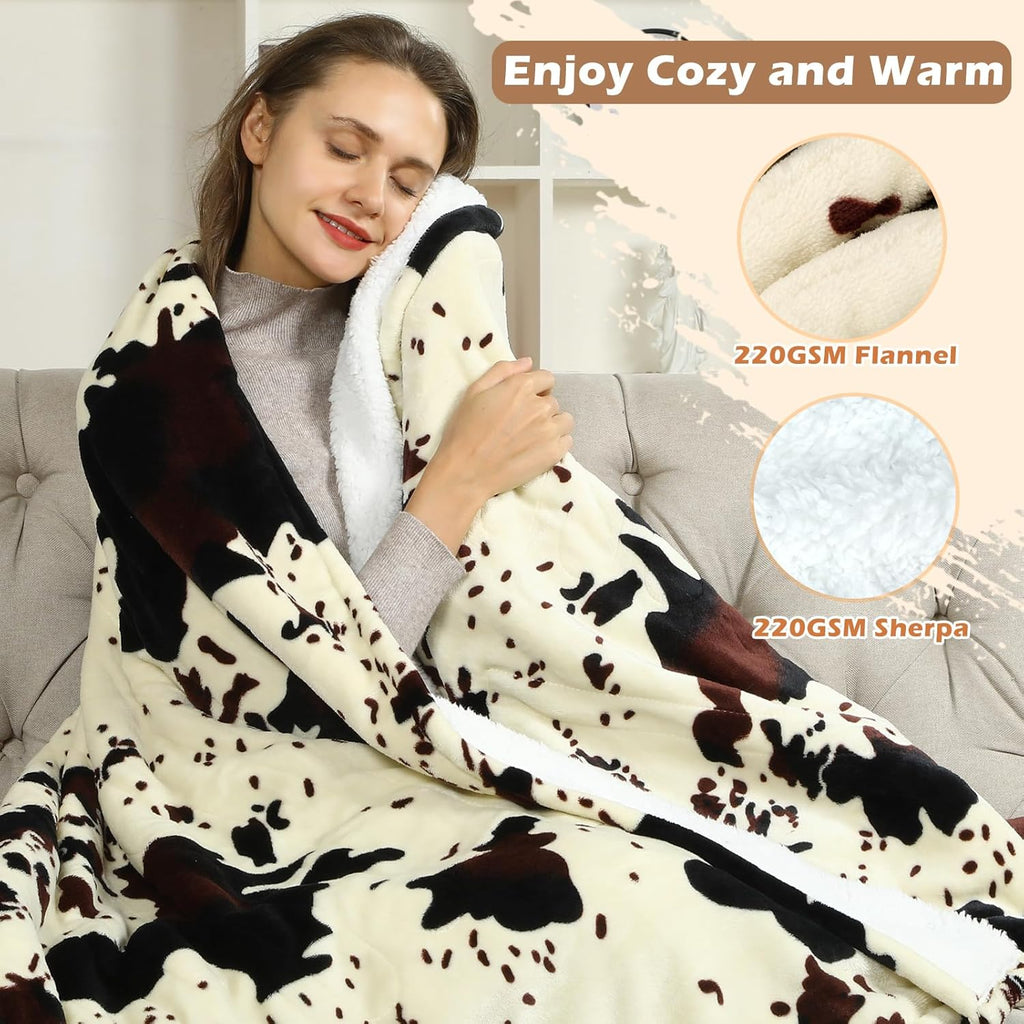 Heated Throw Blanket, 50"x60" Cow Print Electric Throw Heating Blanket, Cozy Soft Flannel Sherpa Heating Blankets with 9 Heat Levels & 2/4/8/12H Auto-Off