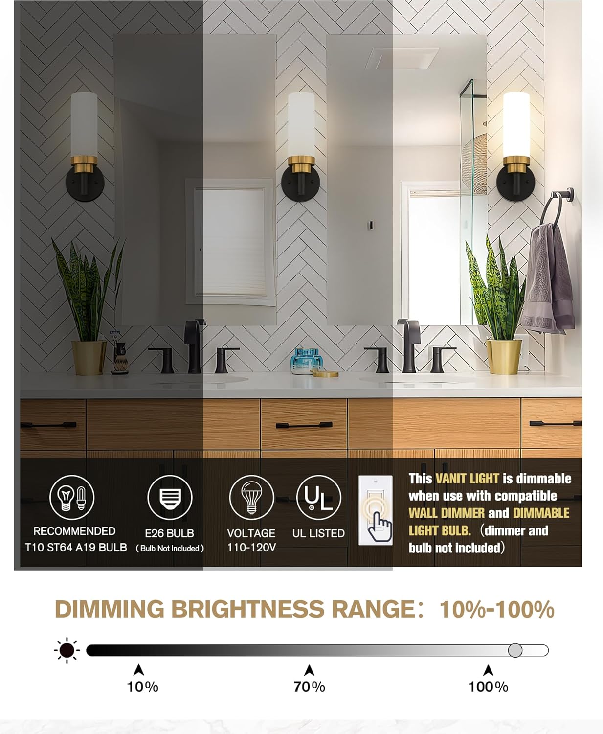 Emak Modern Wall Sconce, Black Gold Bathroom Light Fixtures with Milk Glass Shade, 2 Pack Wall Lamp for Bathroom, Bedroom, Living Room, Hallway, WS085-BKBGD-ML-2PK