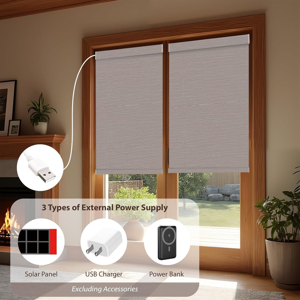 Motorized Roller Blinds with Remote, 100% Blackout Automatic Roller Shades for Bedroom, Bathroom, and Living Room, Customized Size, Woven Tapestry Brown