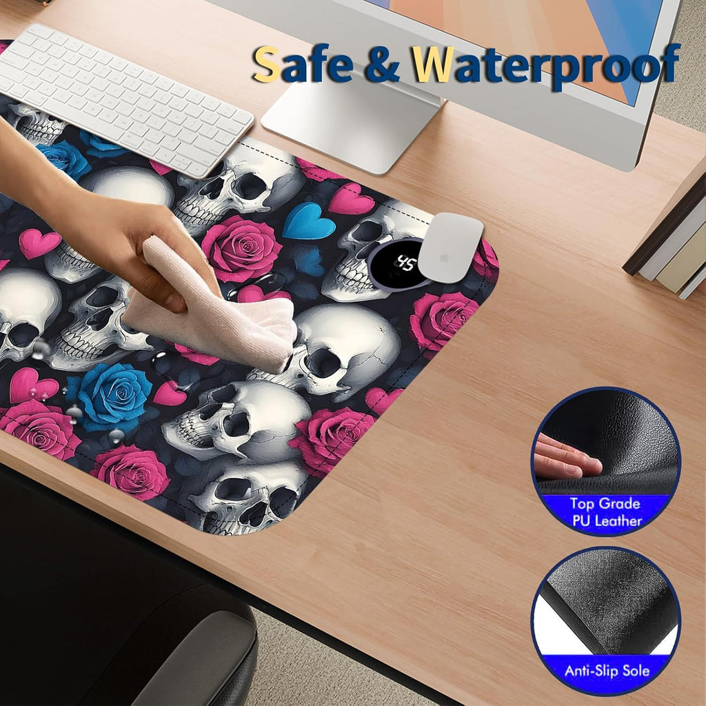 Heated Mouse Pad with 3 Temperature Settings(104°F–122°F),Large 24x14.2 Inch PU Leather Heated Desk Mat,Waterproof Warming Pad for Office,Gaming & Cold Hands Relief,Skeleton Skulls Flower