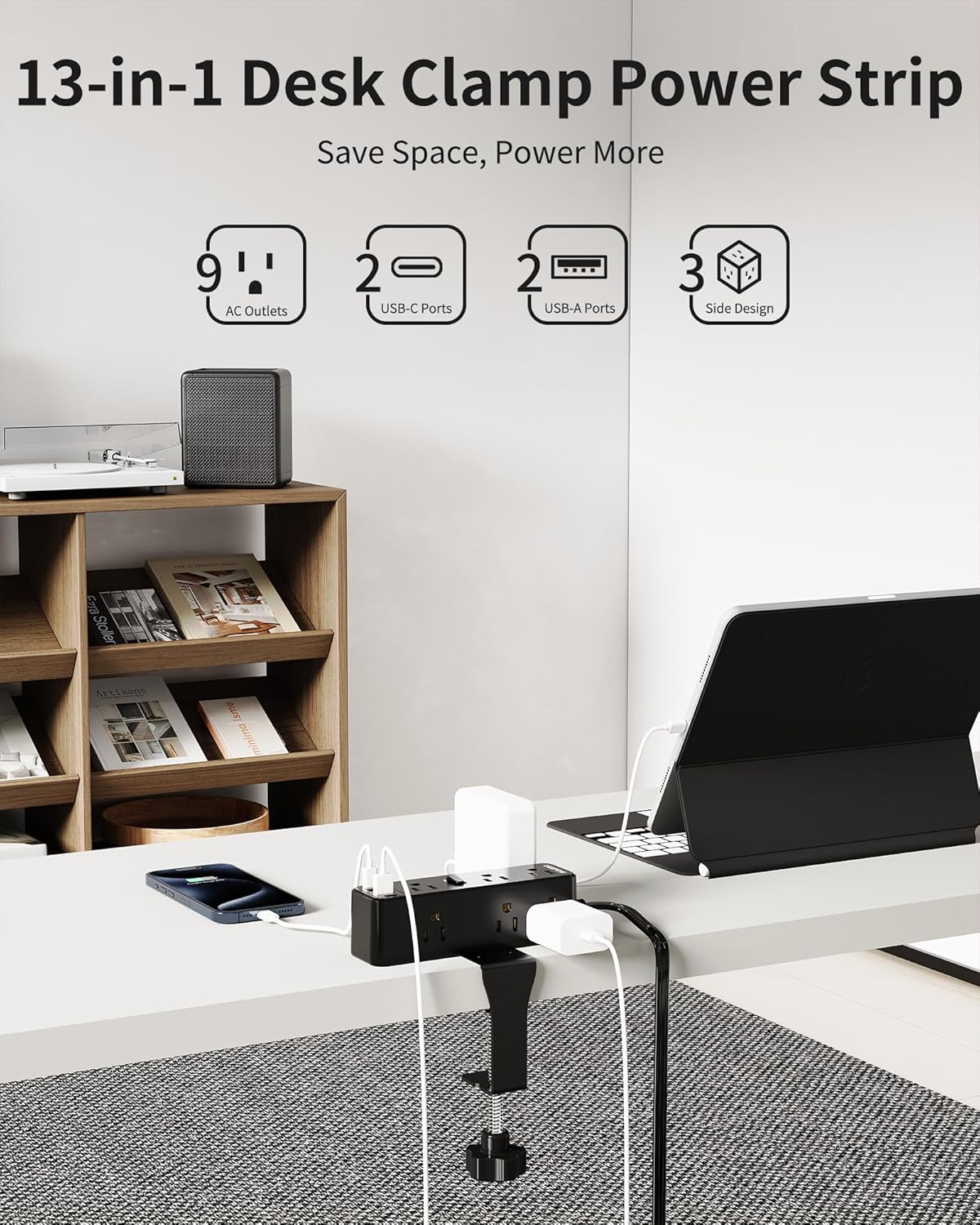 Desk Clamp Power Strip, Desktop Edge Mount Charging Station with 9 AC Outlets 4 USB (2 USB C), Fit 2.75" Tabletop, Under Desk Surge Protector 1700J, 10 Ft Extension Cord for Home Office, Black