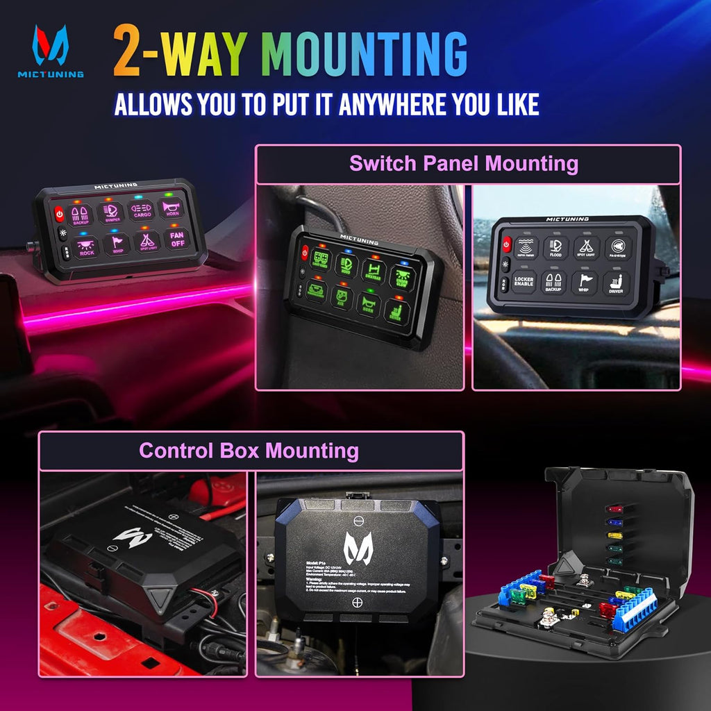 MICTUNING P1B RGB 8 Gang Switch Panel, Multifunction Toggle Momentary Flash Strobe Pulsed Switch Pod with Backlit Off, 5-Level Brightness Circuit Control Relay System Box for Truck RV Offroad Marine