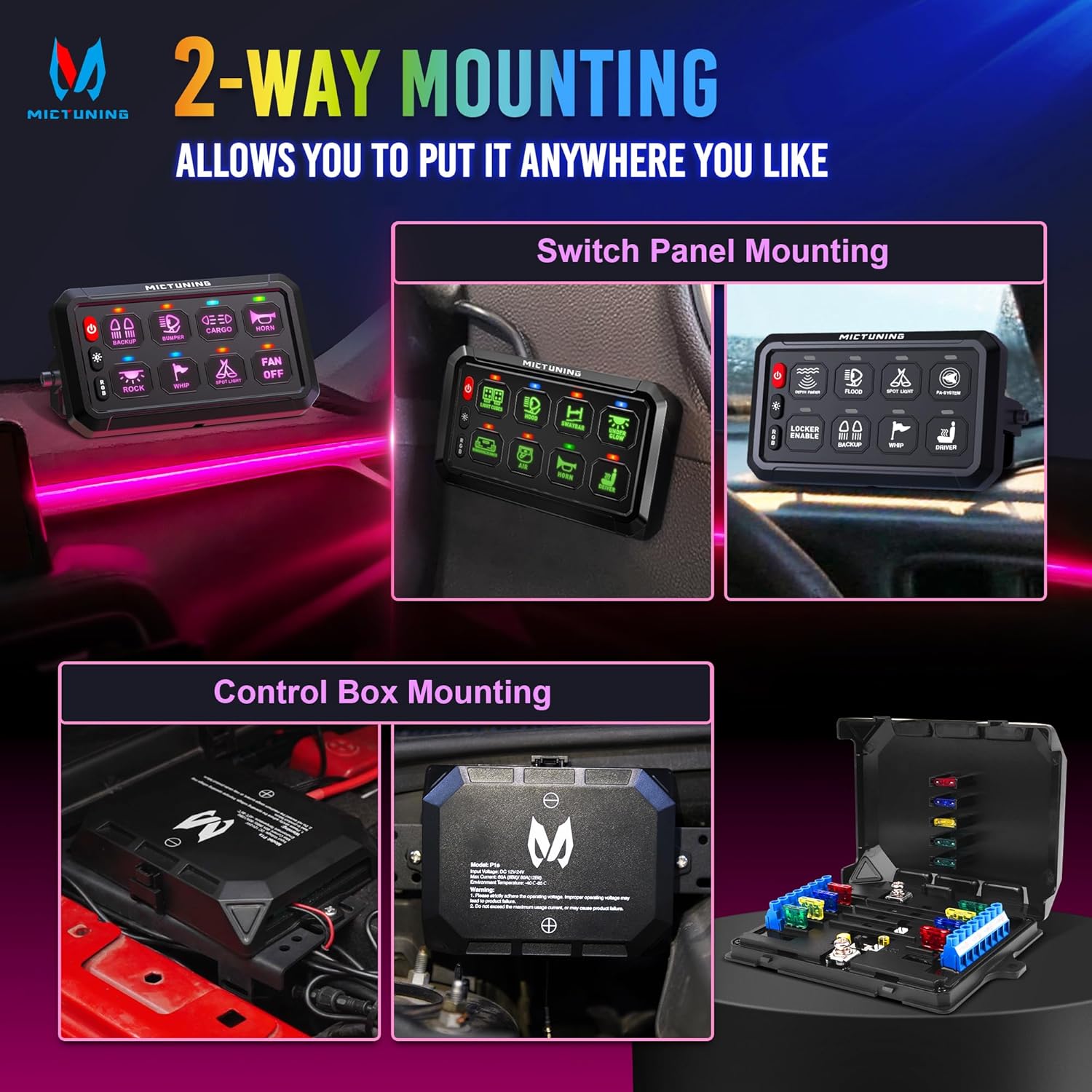 MICTUNING P1B RGB 8 Gang Switch Panel, Multifunction Toggle Momentary Flash Strobe Pulsed Switch Pod with Backlit Off, 5-Level Brightness Circuit Control Relay System Box for Truck RV Offroad Marine