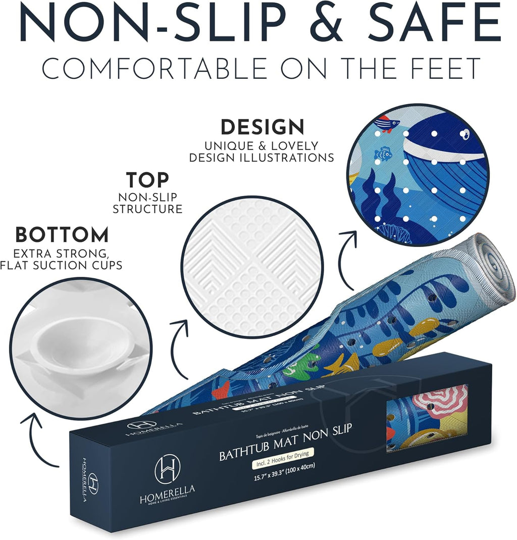 Bath Tub Mat Non Slip Anti Mold for Kids BPA Free INCL Hooks - homerella® Ocean Sea Animals 40x16, Baby Bath Mat Non Slip 200 Suction Cups, Non Toxic Machine Washable Toddler Bath Mat, EU Certified