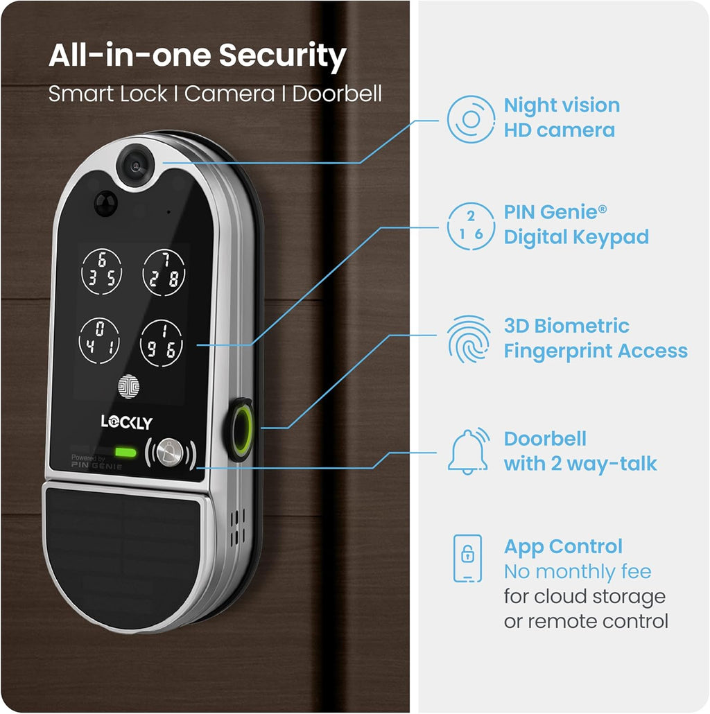 Lockly Vision Elite Video Smart Lock with Camera, Smart Wi-Fi Deadbolt for Front Door, PIN Genie® Keypad, Fingerprint Door Lock, Motion Sensor, App Remote Control, 2 Way Audio Doorbell, No Monthly Fee