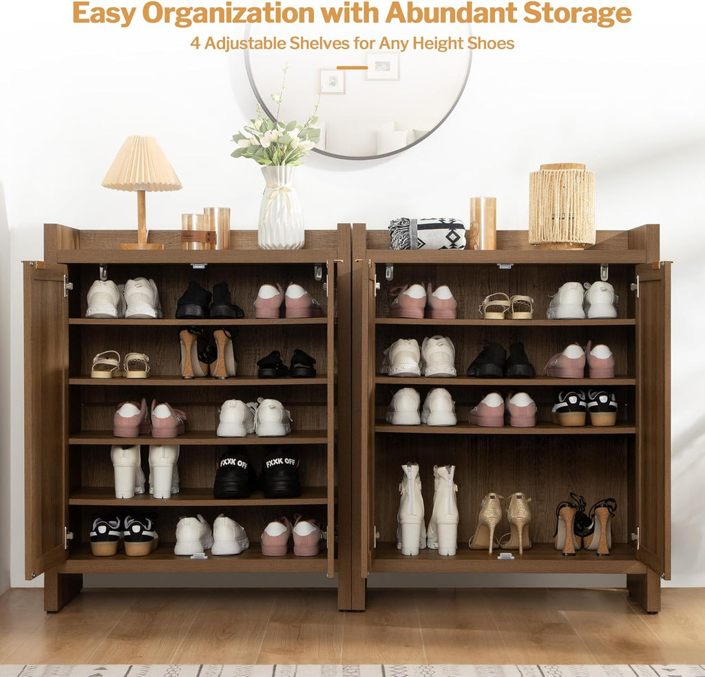 SICOTAS Shoe Cabinet Set of 2, Large Capacity Shoe Storage Organizer Cabinet, Tall Rattan Shoe Cabinet with Doors and Shelves, 6-Tier Farmhouse Boho Wooden Storage Cabinet for Entryway Hallway