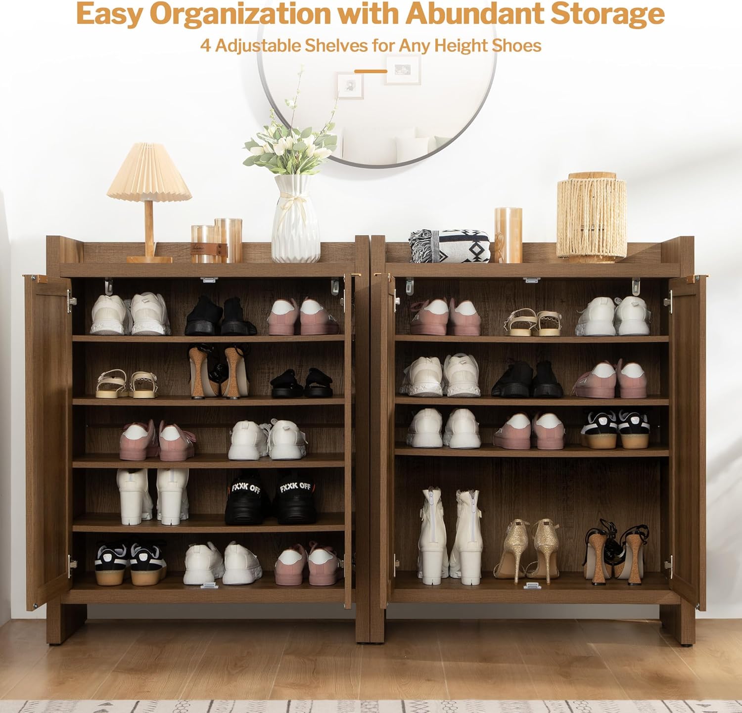 SICOTAS Shoe Cabinet Set of 2, Large Capacity Shoe Storage Organizer Cabinet, Tall Rattan Shoe Cabinet with Doors and Shelves, 6-Tier Farmhouse Boho Wooden Storage Cabinet for Entryway Hallway