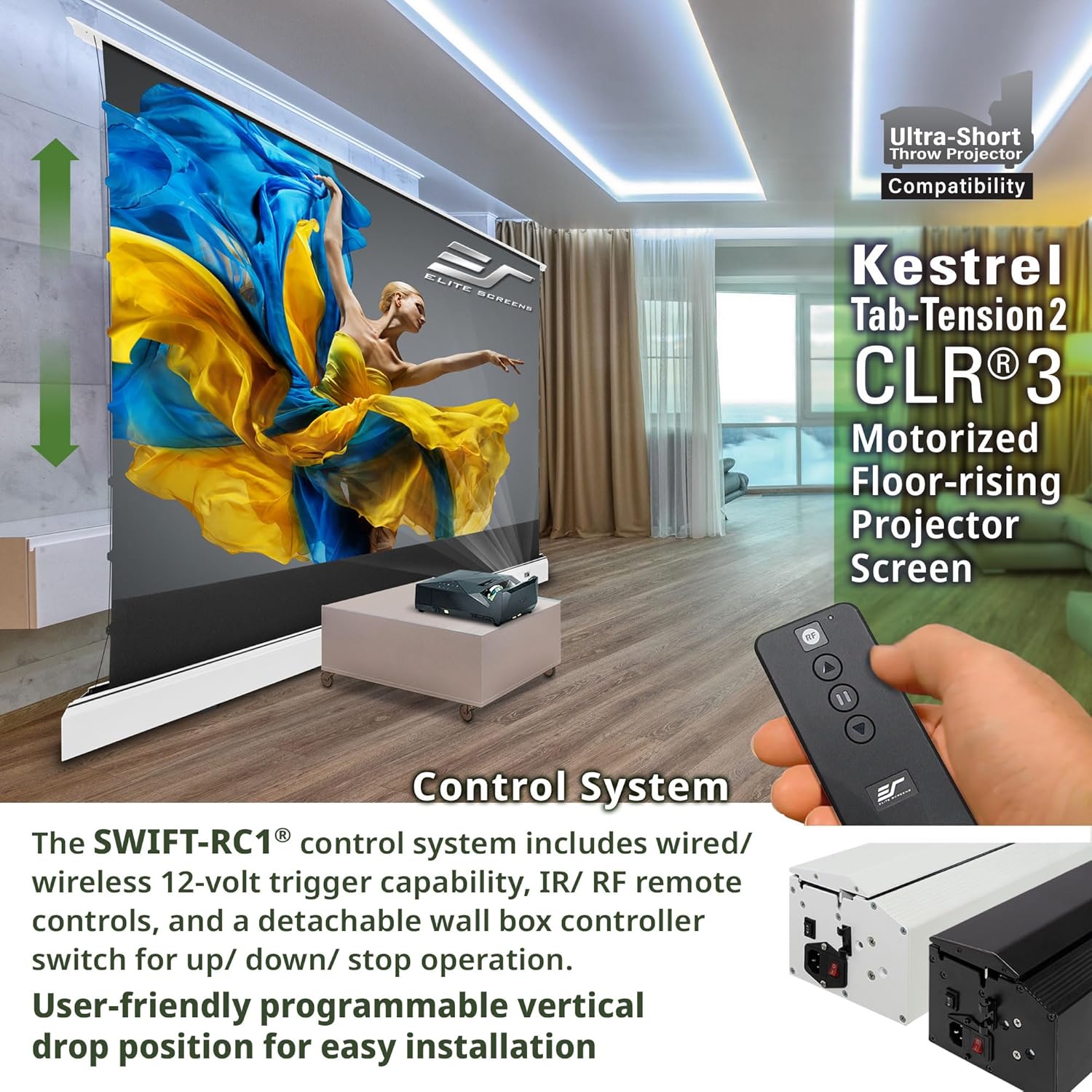 Elite Screens Kestrel Tab-Tension 2 CLR3, 101" 16:9, Ultra-Short Throw Ceiling Ambient Light Rejecting (CLR/ALR) Electric Floor-Rising Motorized Front Projector Screen,White Casing, FTE101XH3-CLR3