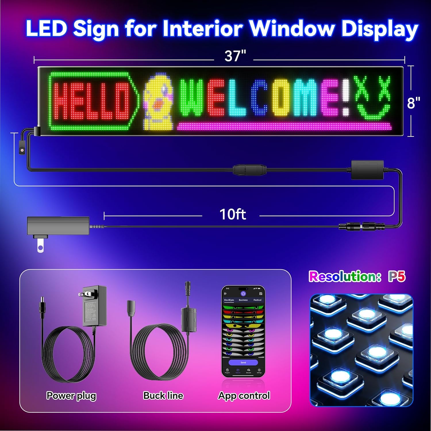 Large Programmable LED Sign, P5 Resolution Indoor Store LED Sign, Bluetooth APP, for Business Retail Shop Window Display (49"x 8")