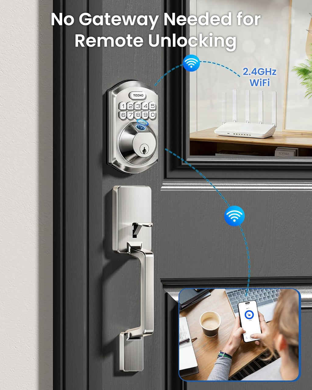 TEEHO TE012W-H WiFi Smart Door Lock with Handle, Fingerprint, Keypad, Key & App Control, Keyless Entry Deadbolt Set, Compatible with Alexa & Google Assistant, Easy Install for Front Door, Satin Nickel