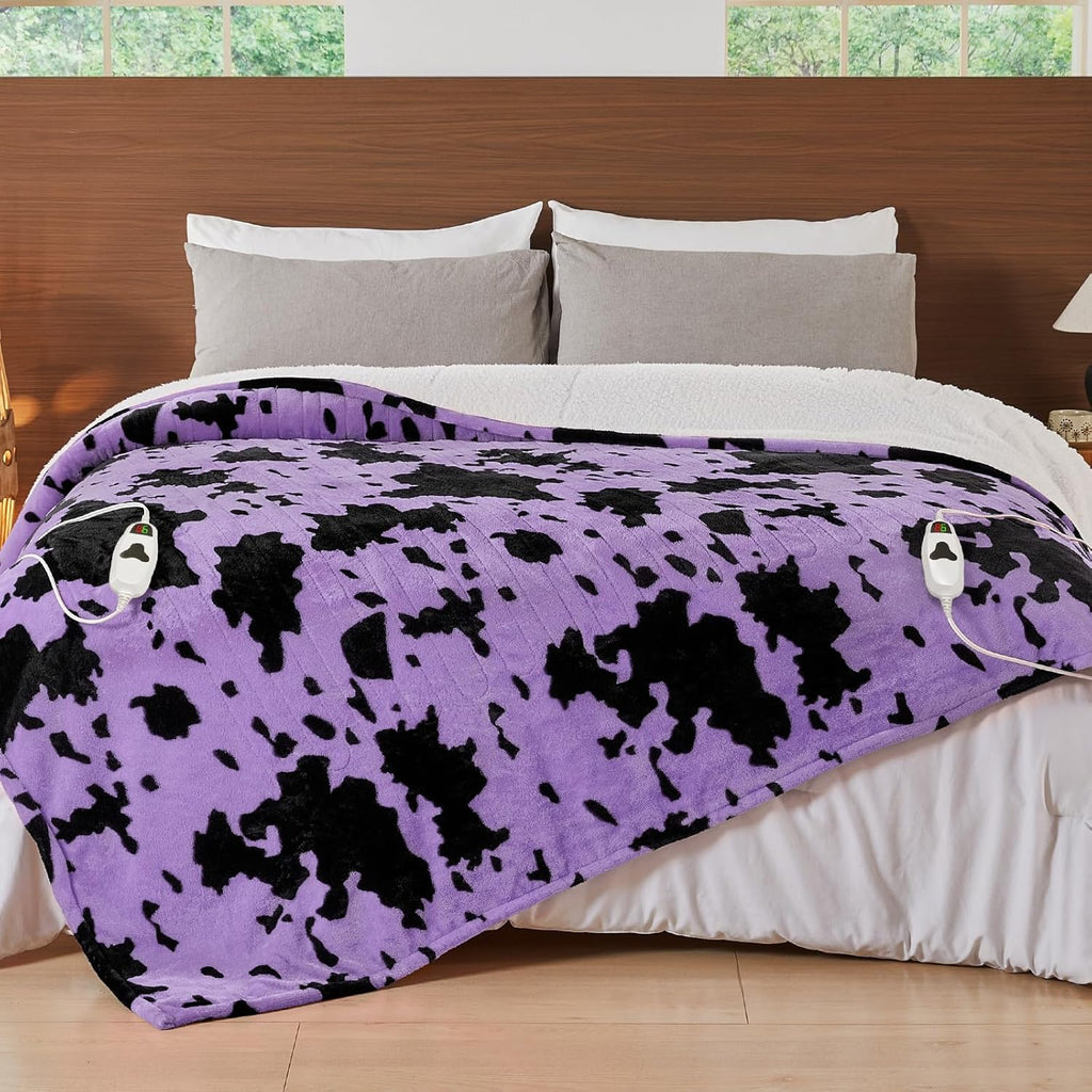 Cow Print Electric Heated Blanket Queen Size,84X90 Purple Heating Blanket Queen With Dual Control&Timer&10 Heat Levels,Highland Cow Decor Fleece Sherpa Blankets Warmer Gifts for Bed Women Adults