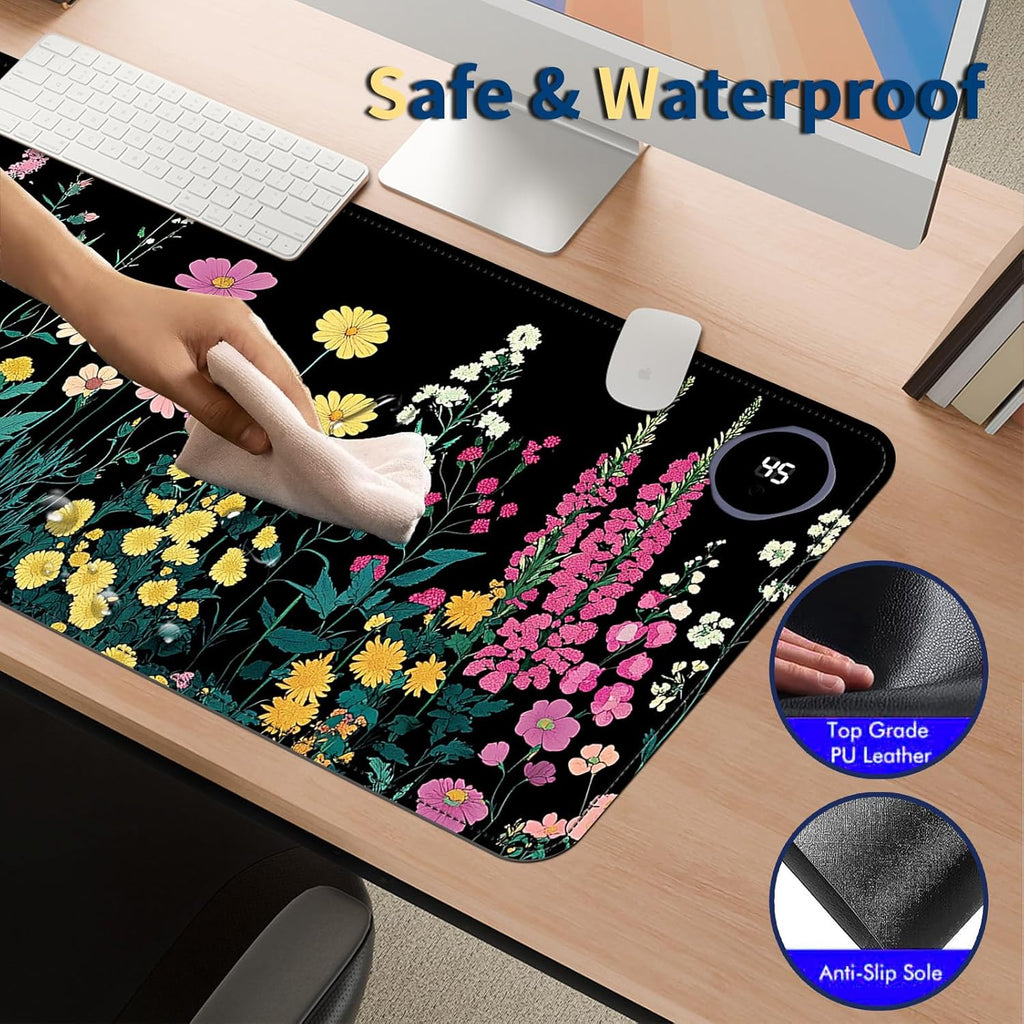 Heated Mouse Pad with 3 Temperature Settings(104°F–122°F),Large 31.5x13 Inch PU Leather Heated Desk Mat,Waterproof Warming Pad for Office,Gaming & Cold Hands Relief,Garden Flowers