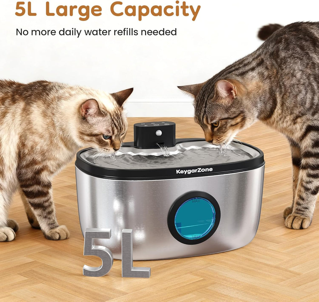 Wireless Cat Water Fountain Stainless Steel: 5L Stainless Steel Pet Water Fountain for Cats & Dogs Indoor, Automatic Battery Operated Cat Water Fountain, Ultra-Quiet Cat Water Dispenser with Filter