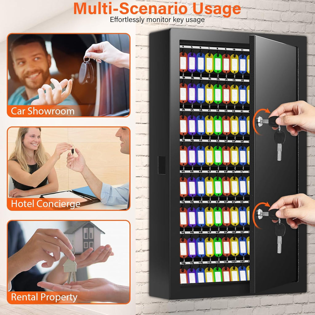 200 Keys Dual Lock Key Cabinet, Anti-Theft Key Lock Box with Key Tags, Adjustable Key Organizer Wall Safe for Car Office House Garage Rental Business