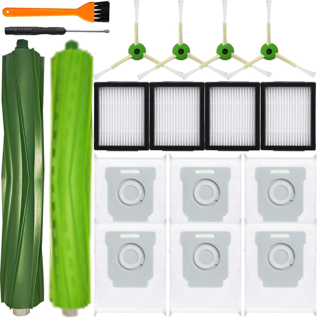 16Pcs Parts Compatible with Roomba i1+ J7 i7+ i3+ i4+ EVO i6+ i8+ i7 J7+ Plus E5 E6 E7 Robot Vacuum Cleaner Accessories Kit, 2 Rubber Main Brush 4 Filters 4 Side Brushes 6 Vacuum Bags