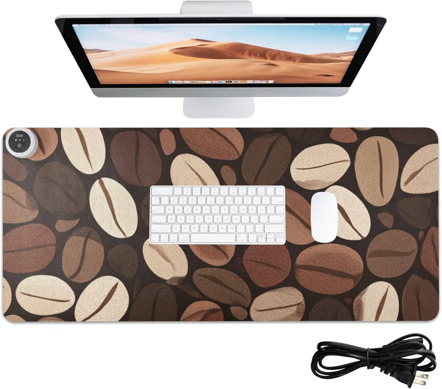 Heated Desk Pad Mouse Pad 31.5x13 Inch PU Leather Desk Mat with 3 Heat Levels Large Mouse Gaming Computer Laptop Mat Brown Vintage Coffee Beans
