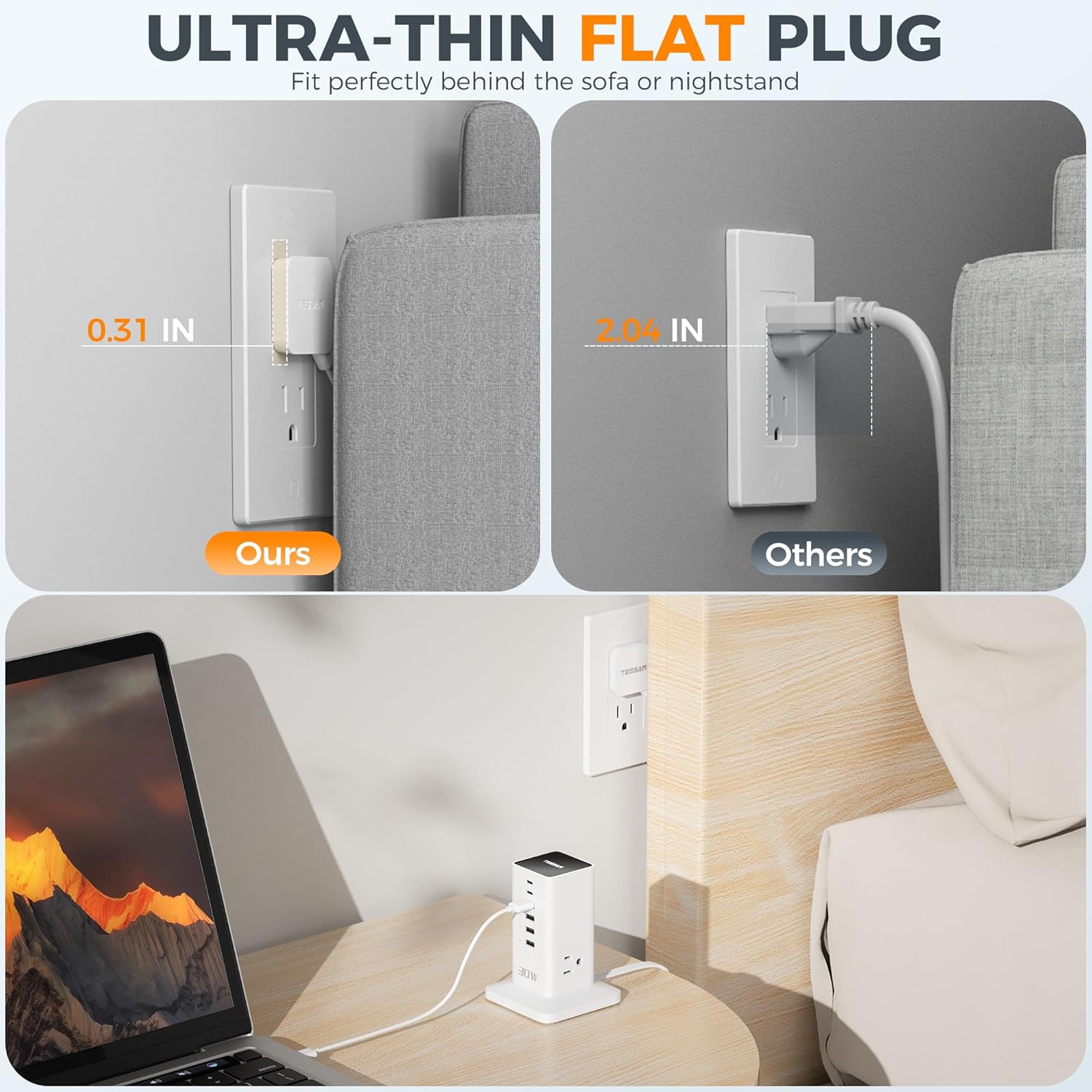Charging Station 30W, TESSAN 9-in-1 Charger Blocks for iPhone 17/16/15/14, Tablets, Earphone with Surge Protector, 5ft Flat Extension Cord with 4 USB A, and 2 USB C for Home, Office, Drom, White