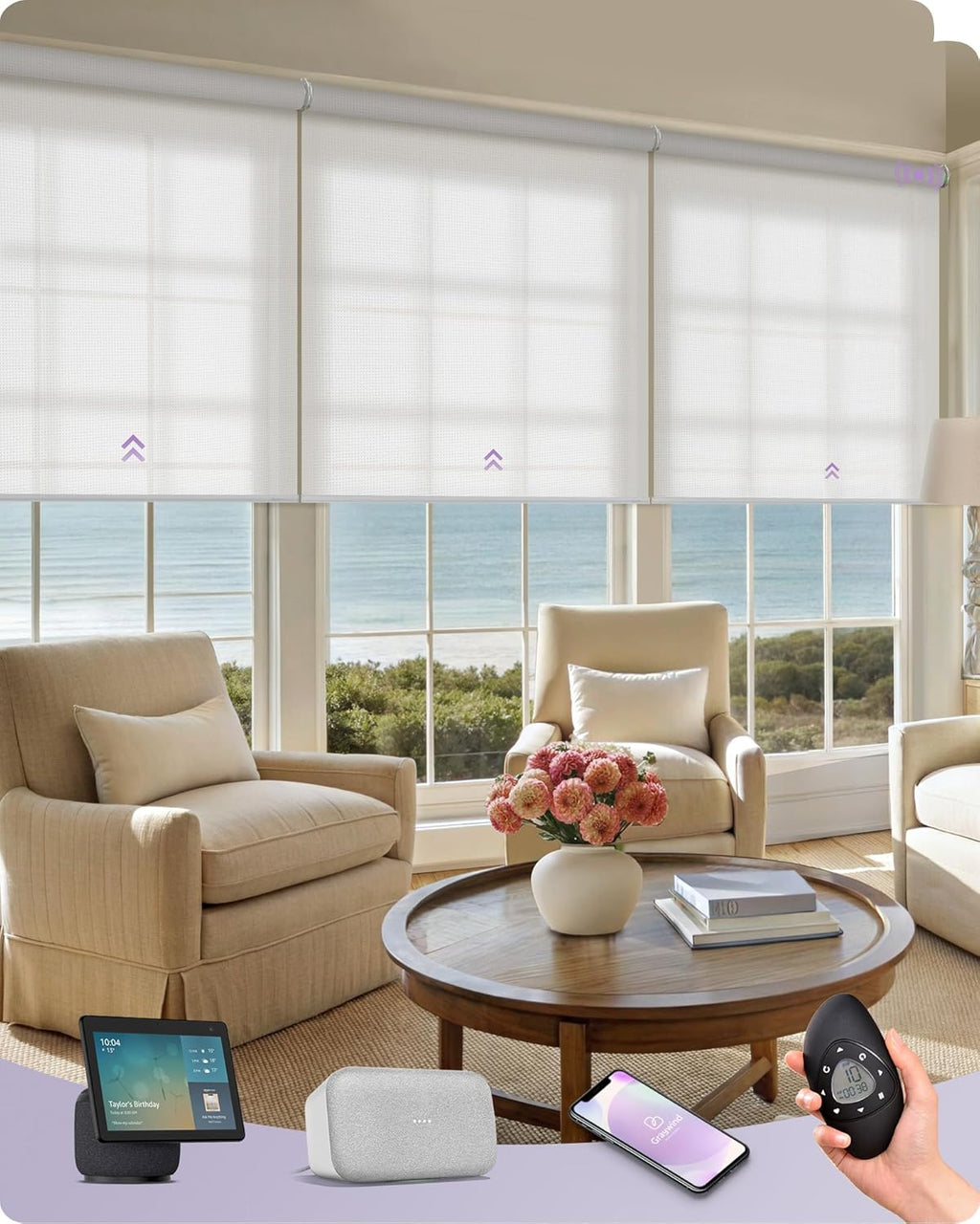 Graywind Smart Coupled Roller Shades Compatible with Alexa Google Custom Size Extra Large Motorized Blinds for Windows(5% Openess White)