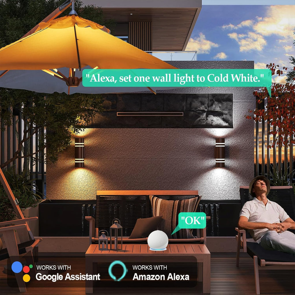 RGB Outdoor Wall Lights, Modern Color Changing Outdoor Wall Sconce, Cylinder Up and Down Bronze Porch Lights Fixture, Compatible with Smart Life & Google Alexa,for Garage,Yard,Front Door