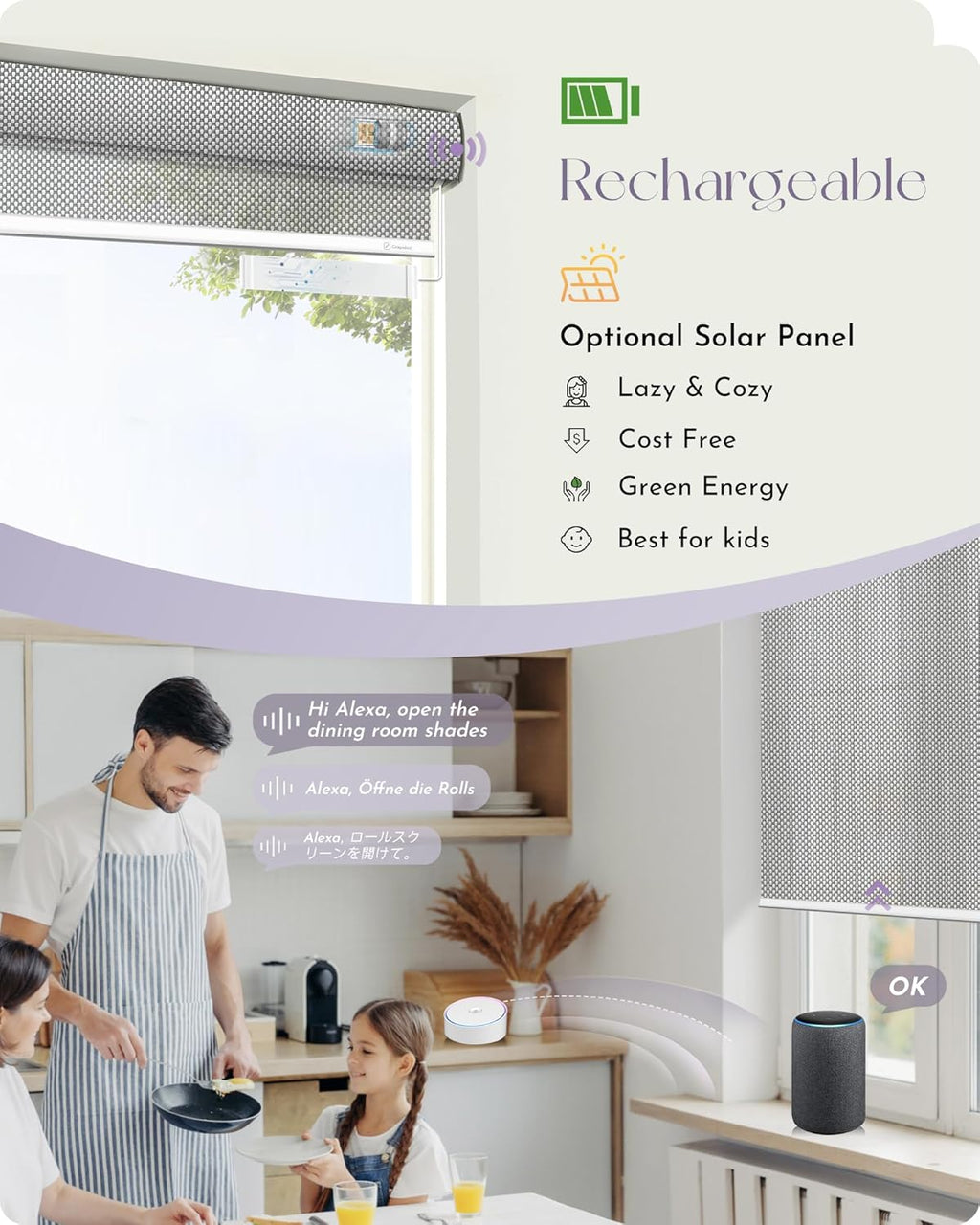 Graywind Motorized Solar Shades Light Filtering Mesh Shade Compatible with Alexa Google Remote Control Window Blinds with Valance for Smart Home Office Business, Custom Size (3% Openness Silver)