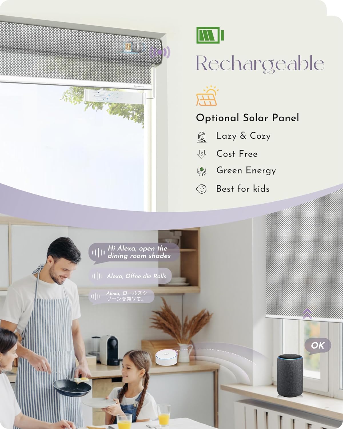 Graywind Motorized Solar Shades Light Filtering Mesh Shade Compatible with Alexa Google Remote Control Window Blinds with Valance for Smart Home Office Business, Custom Size (3% Openness Silver)