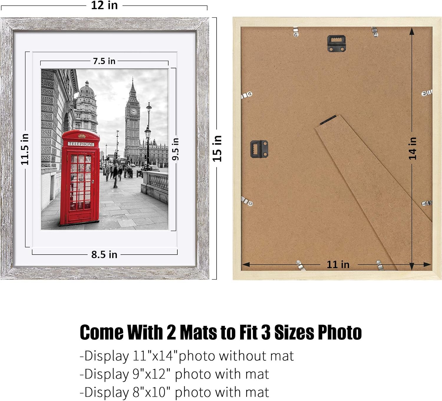 Tiblue 11x14 Picture Frame, Solid Wood Rustic Distressed White - 2 Packs with 4 Mats, HD Plexiglass, Wall Mount & Tabletop, 11x14 inches, Unisex Adult
