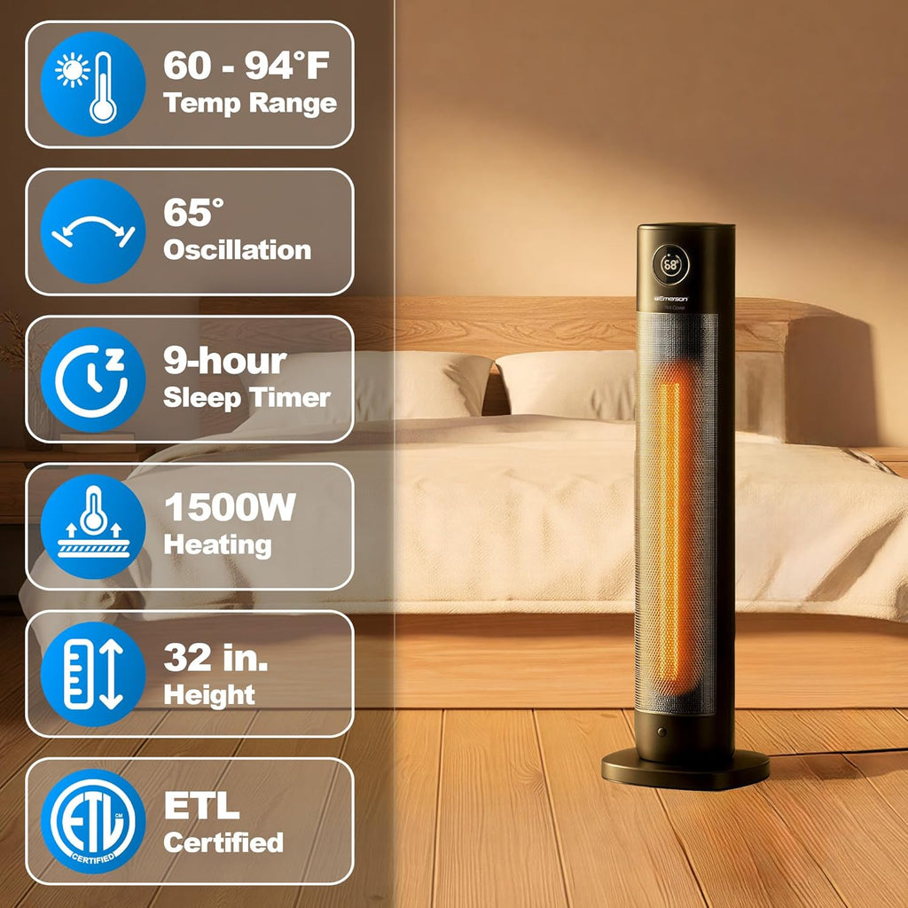 Emerson SmartVoice 32" Tower - Space Heater, Offline 40+ Voice Control Commands, No APP, No WIFI, No Setup, 1500W Heating, 65° oscillation, 9-Hr Sleep Timer, w/Remote Control