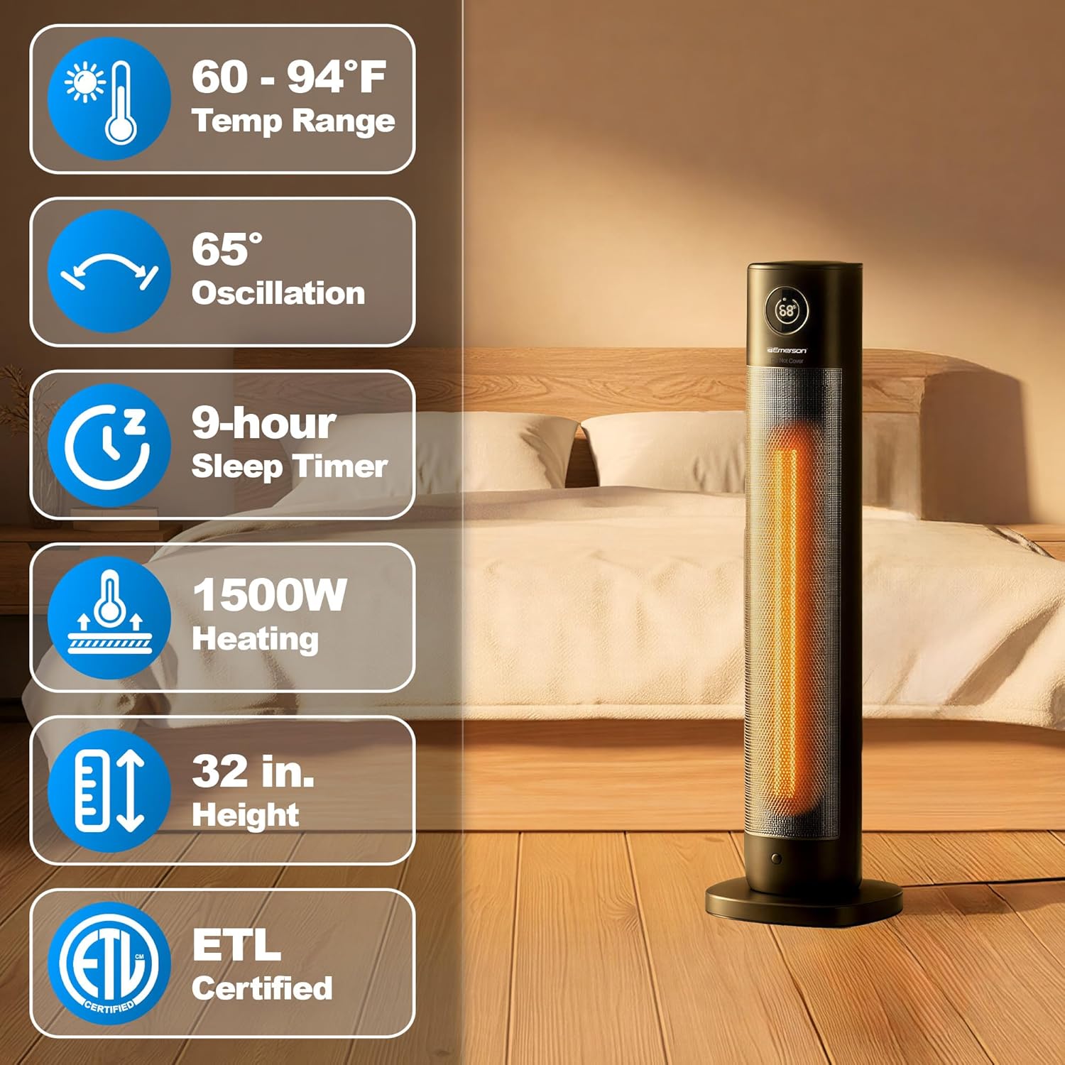 Emerson SmartVoice 32" Tower - Space Heater, Offline 40+ Voice Control Commands, No APP, No WIFI, No Setup, 1500W Heating, 65° oscillation, 9-Hr Sleep Timer, w/Remote Control