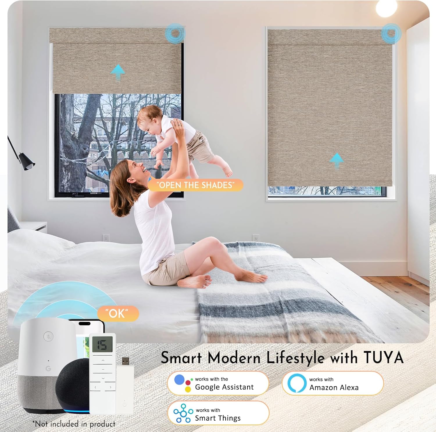 Persilux Smart Motorized Blinds with Remote, No Drill Automatic Roller Shades for Indoor Windows, Blackout Linen Fabric, Electric Blinds for Windows, Linen Light Brown C156BO-3, Custom Size