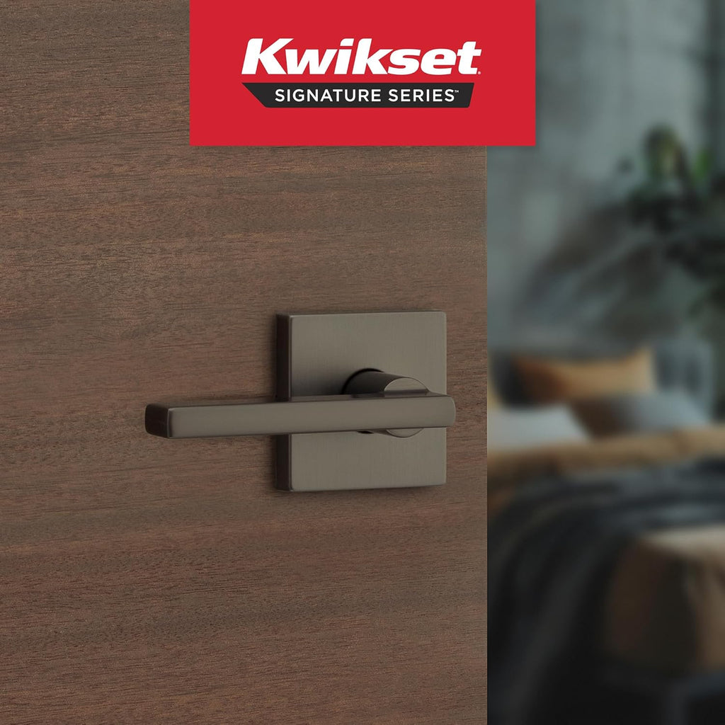 Kwikset Halifax Interior Square Privacy Door Handle with Lock, Door Lever for Bathroom and Bedroom, Gunmetal Reversible Keyless Turn Lock