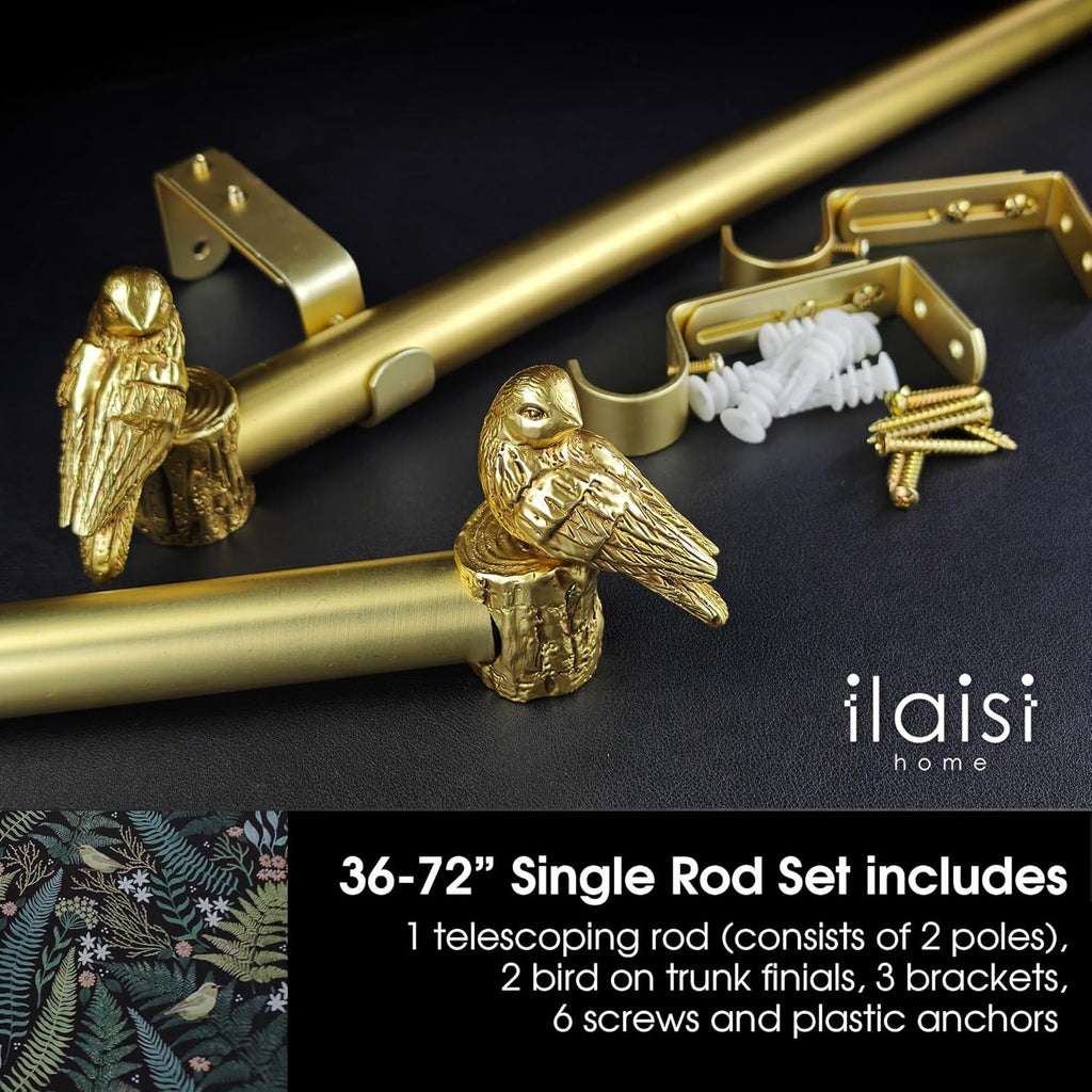 1-1/8 Inch Diameter Brushed Gold Curtain Rod with Bird Design Finials, 36-72'' Telescoping Single Curtain Rods for window width 24-68 inch, 1 pack