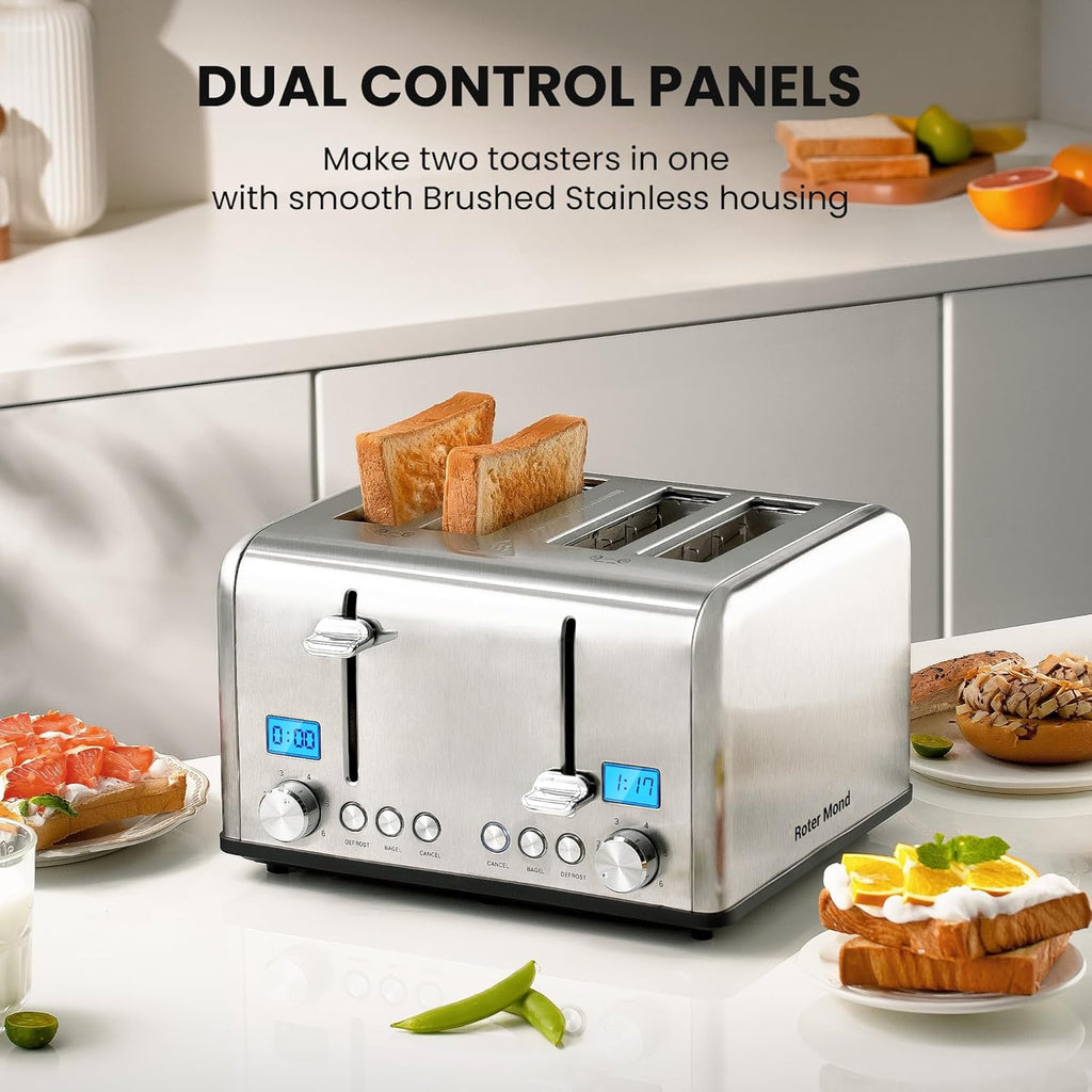 Roter Mond Countdown Stainless Steel 4 Slice Toaster with Bagel, Defrost, Cancel Function, Dual Toaster, Extra Wide Slots, 6 Shade Settings, Removable Crumb Trays, 1650W