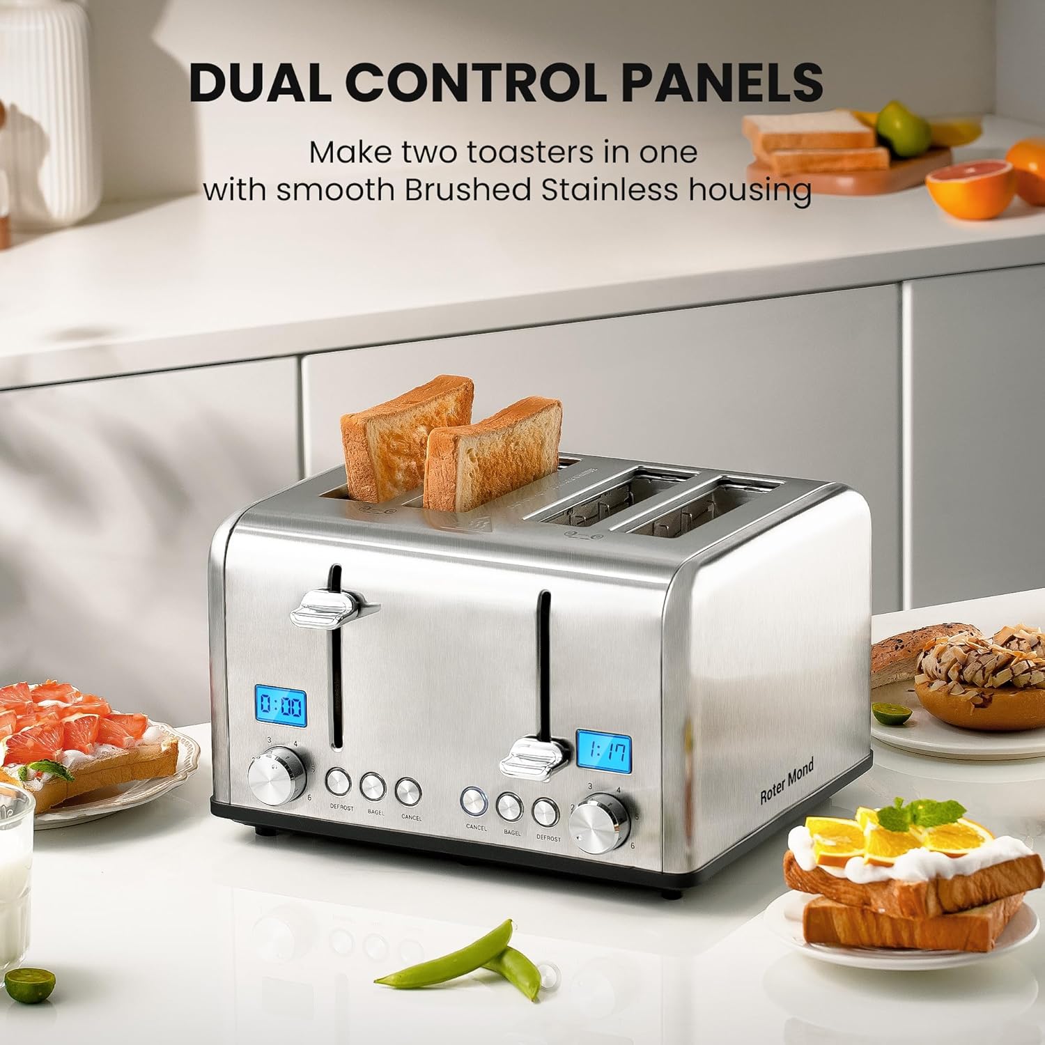 Roter Mond Countdown Stainless Steel 4 Slice Toaster with Bagel, Defrost, Cancel Function, Dual Toaster, Extra Wide Slots, 6 Shade Settings, Removable Crumb Trays, 1650W