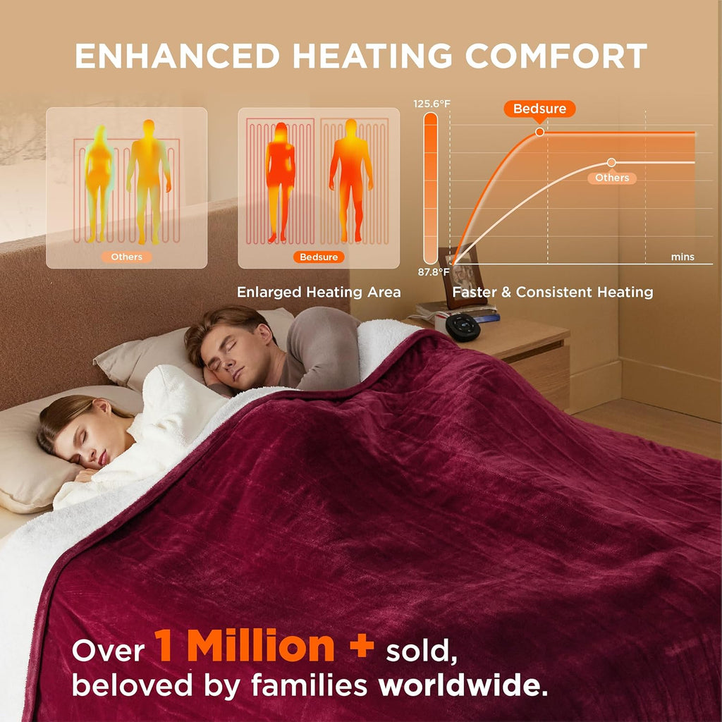 Bedsure Electric Blanket Queen Size - Dual Control Heated Blanket Queen, Fast Heating with 10 Time Settings & 10 Heat Settings, Warm Gift for Grandma (84x90 inches, Burgundy)
