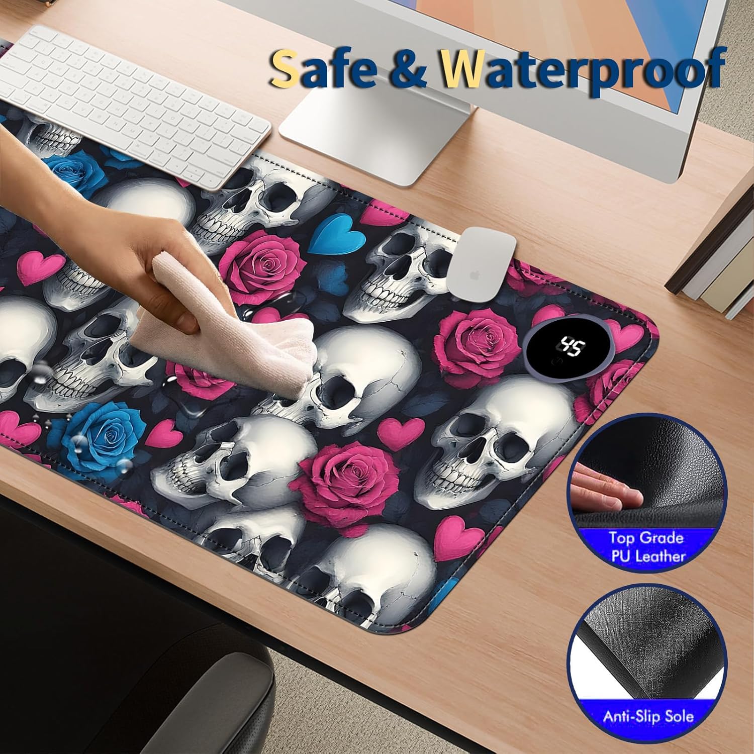 Heated Mouse Pad with 3 Temperature Settings(104°F–122°F),Large 31.5x13 Inch PU Leather Heated Desk Mat,Waterproof Warming Pad for Office,Gaming & Cold Hands Relief,Skeleton Skulls Flower