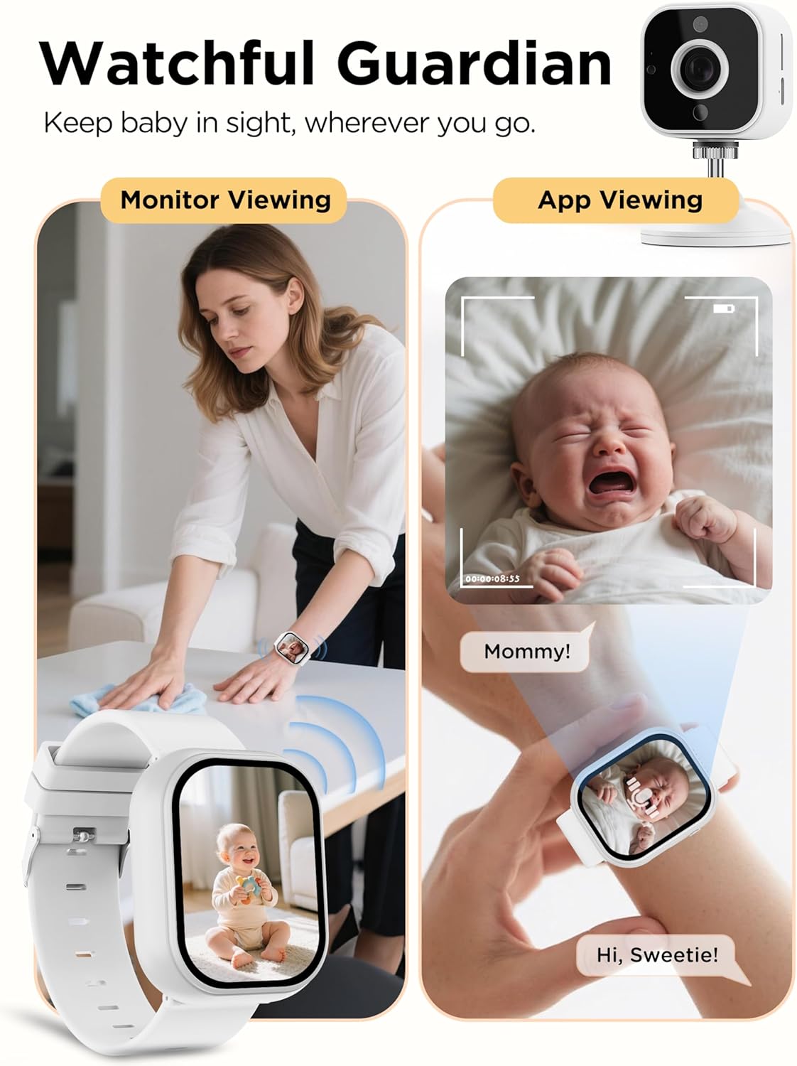 Baby Monitor with Camera and Audio, Wearable Portable Baby Monitor No WiFi Needed Watch, Can Save 1080P HD Video, SD Card Included, Night Vision, 2-Way Talk, Cry & Temp Sense, Alarm & Lullabies