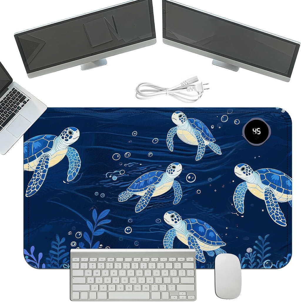 Heated Mouse Pad with 3 Temperature Settings(104°F–122°F),Large 24x14.2 Inch PU Leather Heated Desk Mat,Waterproof Warming Pad for Office,Gaming & Cold Hands Relief,Blue Sea Turtle