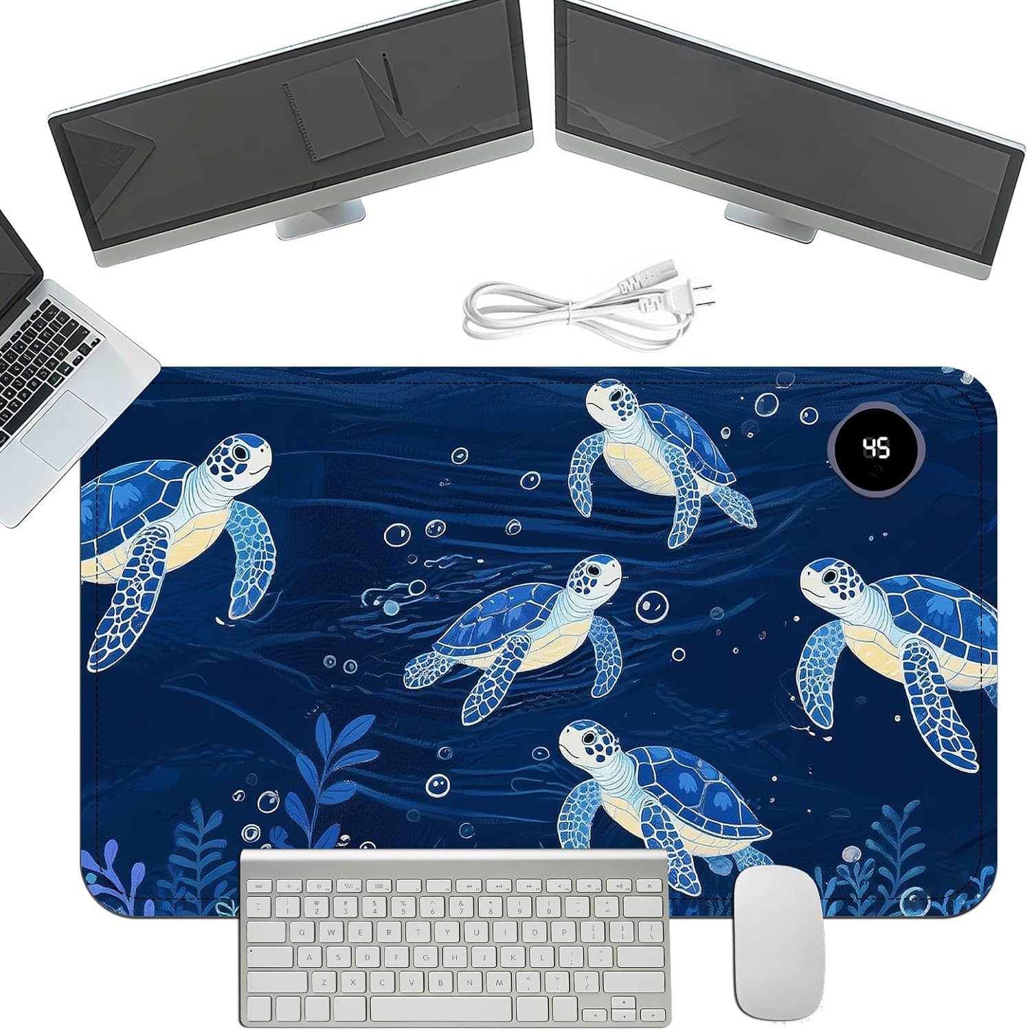Heated Mouse Pad with 3 Temperature Settings(104°F–122°F),Large 24x14.2 Inch PU Leather Heated Desk Mat,Waterproof Warming Pad for Office,Gaming & Cold Hands Relief,Blue Sea Turtle