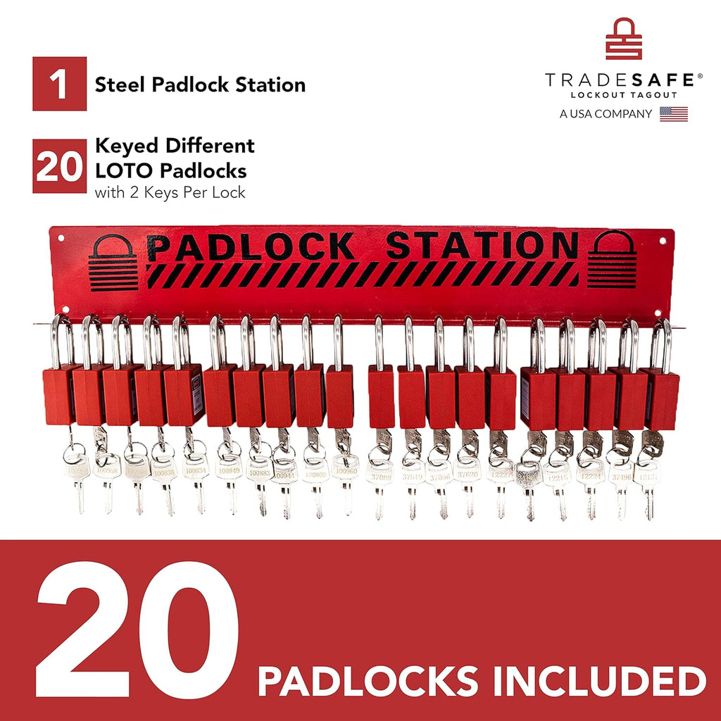 TRADESAFE Lockout Tagout Locks Station - Loto Station for Lockout Locks, Safety Padlock Rack with 20 Lock Out Tag Out Padlocks Keyed Different, 2 Keys Per Loto Lock
