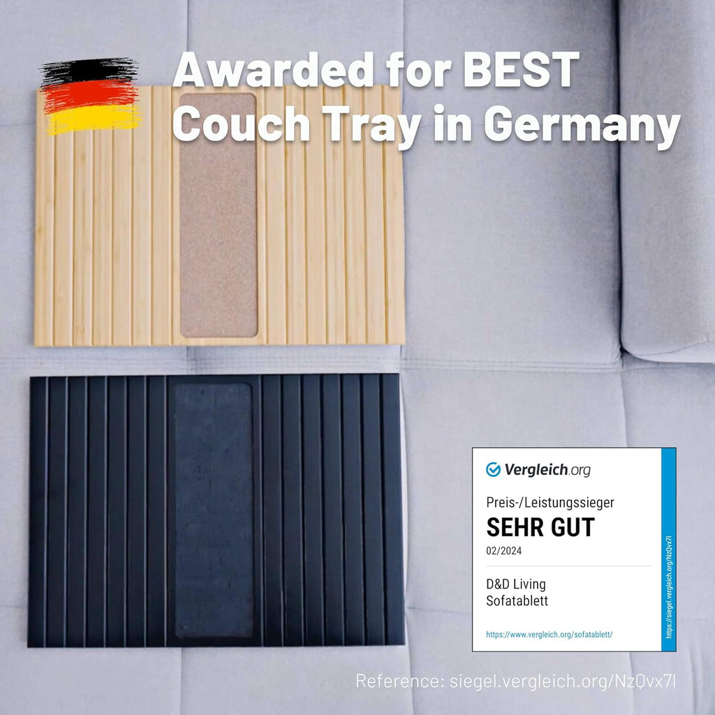D&D Living® Sofa Tray - Flexible Couch Armrest Organizer with Anti-Slip Cork Pad | Sofa Tray with 18.5x13.4 inches, Sustainable Large Black Bamboo