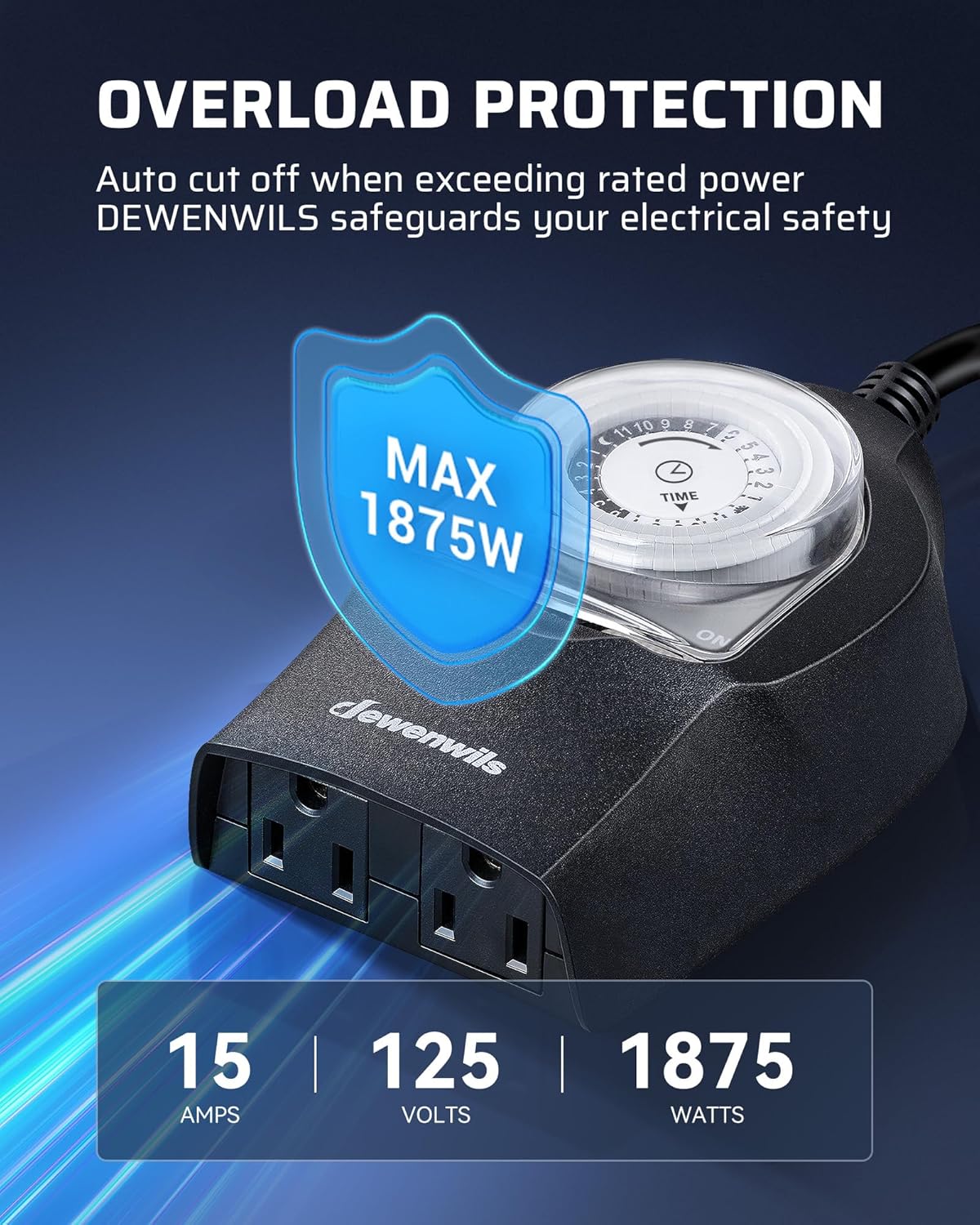 DEWENWILS 1 Pack Mechanical Light Timer for Outdoor Lighting, 24-Hour Plug in Timers, Heavy Duty Programmable Timer Switch with 2 Grounded Outlets for Christmas String Lights, 15A 1/2HP UL Listed